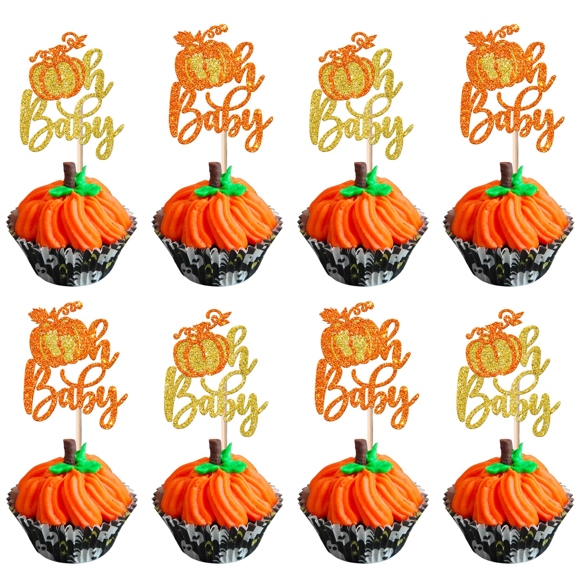 Pack of 24 Oh Baby Pumpkin Cake Decoration Glitter Autumn Theme Baby Feet Cupcke Toppers for Fall Harvest Pumpkin Theme Cake Decoration Baby Shower Children Birthday Party Cake Decorations Gold Orange