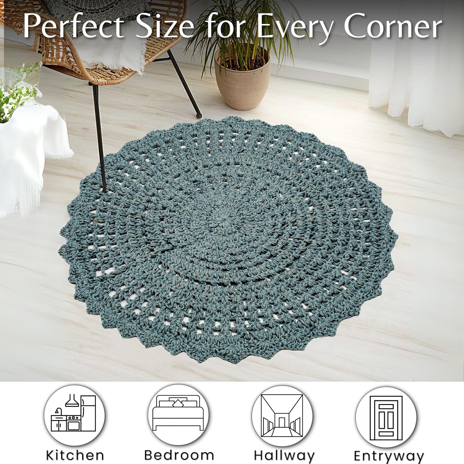 THE BEER VALLEY Hand Knitted Boho Rug 3' Round (Spa Blue) – Decorative Handmade Accent Rug, Anti-Slip Cotton Floor Carpet for Living Room, Bedroom, Kitchen – 3 Feet Round
