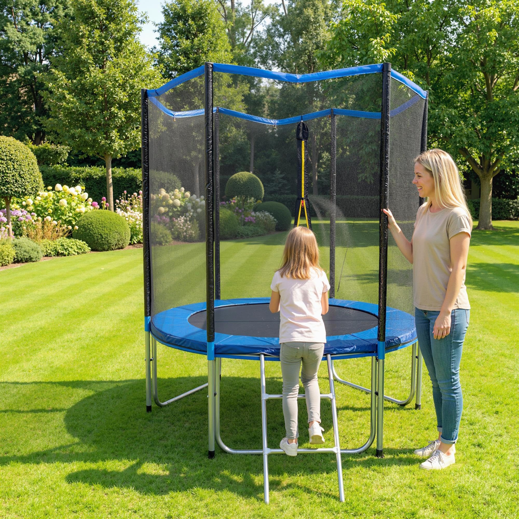 SPORTNOW Trampoline Extérieur Ø183cm pour Enfants et Adultes - Trampoline de Jardin Hauteur 2m avec 6 Poteaux au Sol Ultra Stables - Charge 80kg, 36 Ressorts, Échelle et Protection XXL 25cm, Bleu
