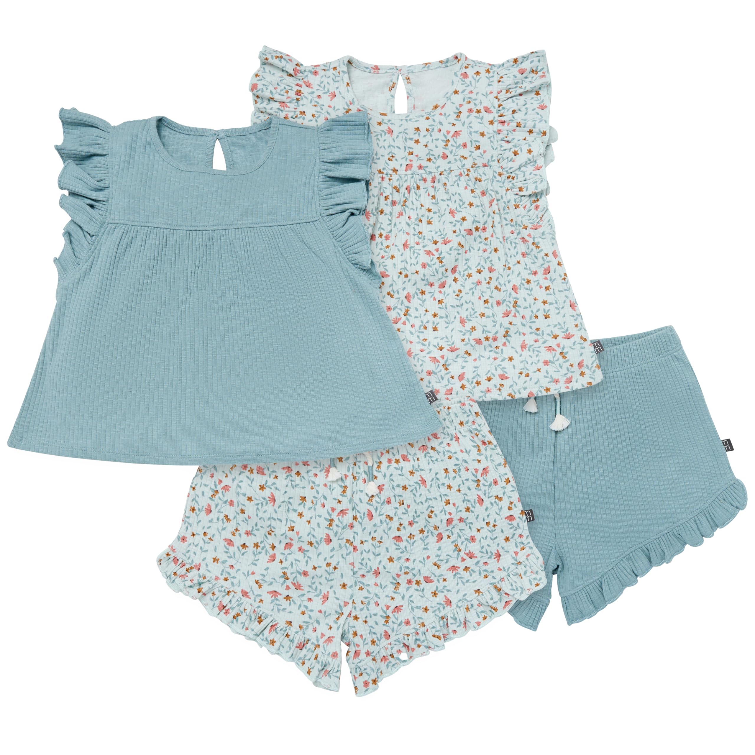 Modern Moments by Gerber Baby Girls 4-piece Set 2 Flutter Sleeve Top 2 Ruffle Wide Leg Short
