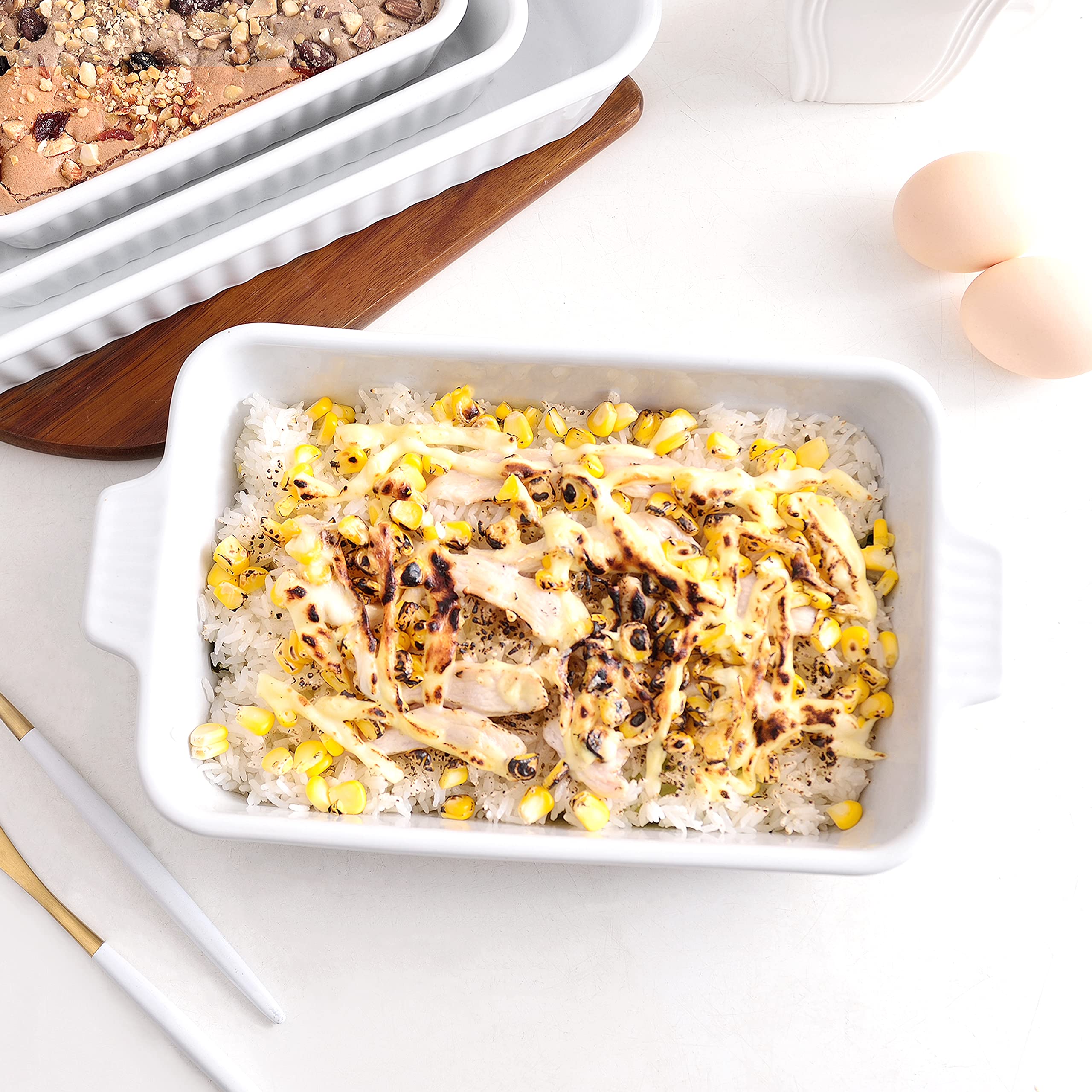 MALACASA Série BAKE, Lot de 4 Plats à Four en Céramique Blanc, 3020ml, 2080ml, 1480ml, 850ml, Plats à Gratin avec Poignées, Passe au Lave-vaisselle, Idéaux pour Cuisson et Gratin