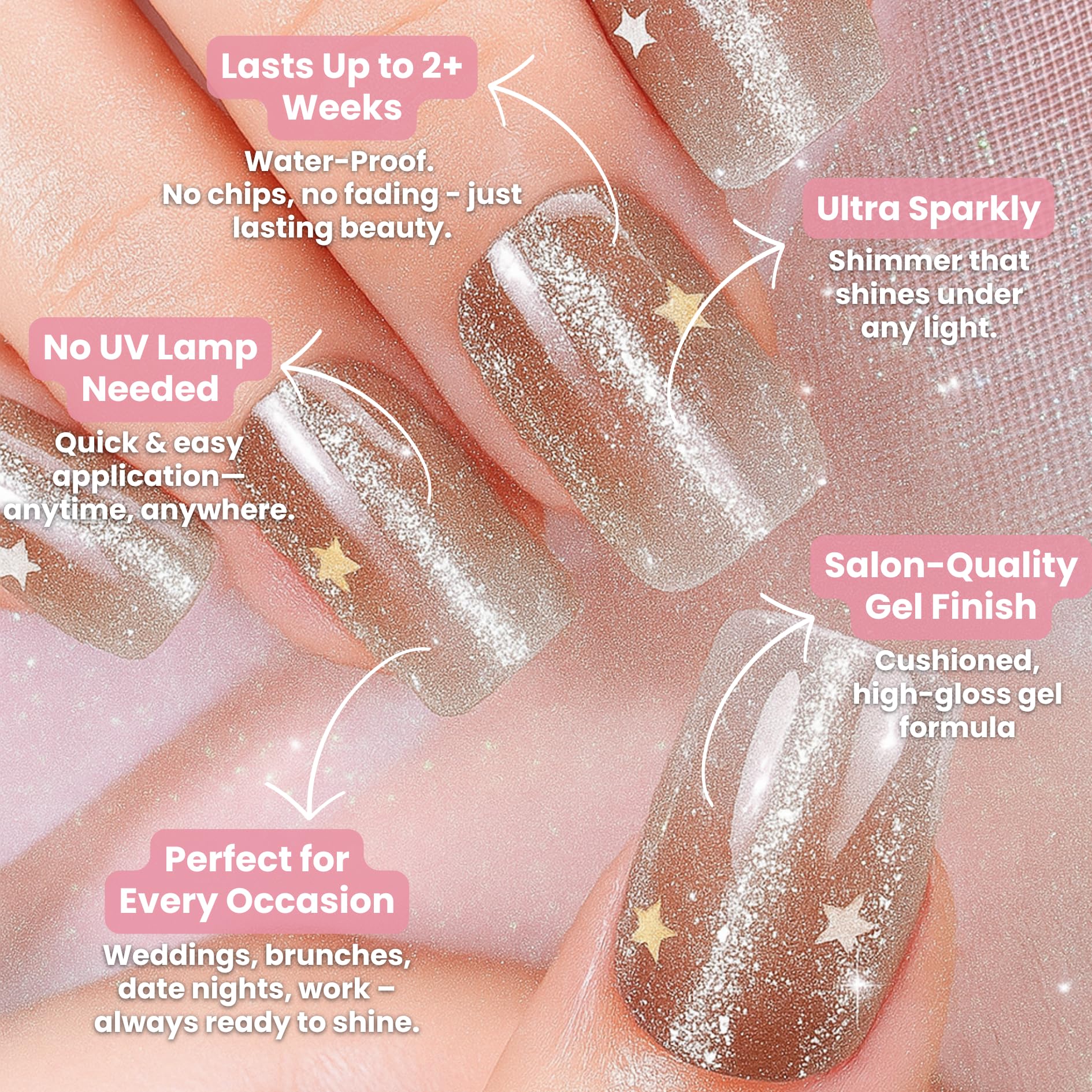 Silk Aura Pellicola autoadesiva in gel per unghie, senza raggi UV, nude glitterato, impermeabile e di lunga durata, design naturale per unghie delle dita e dei piedi