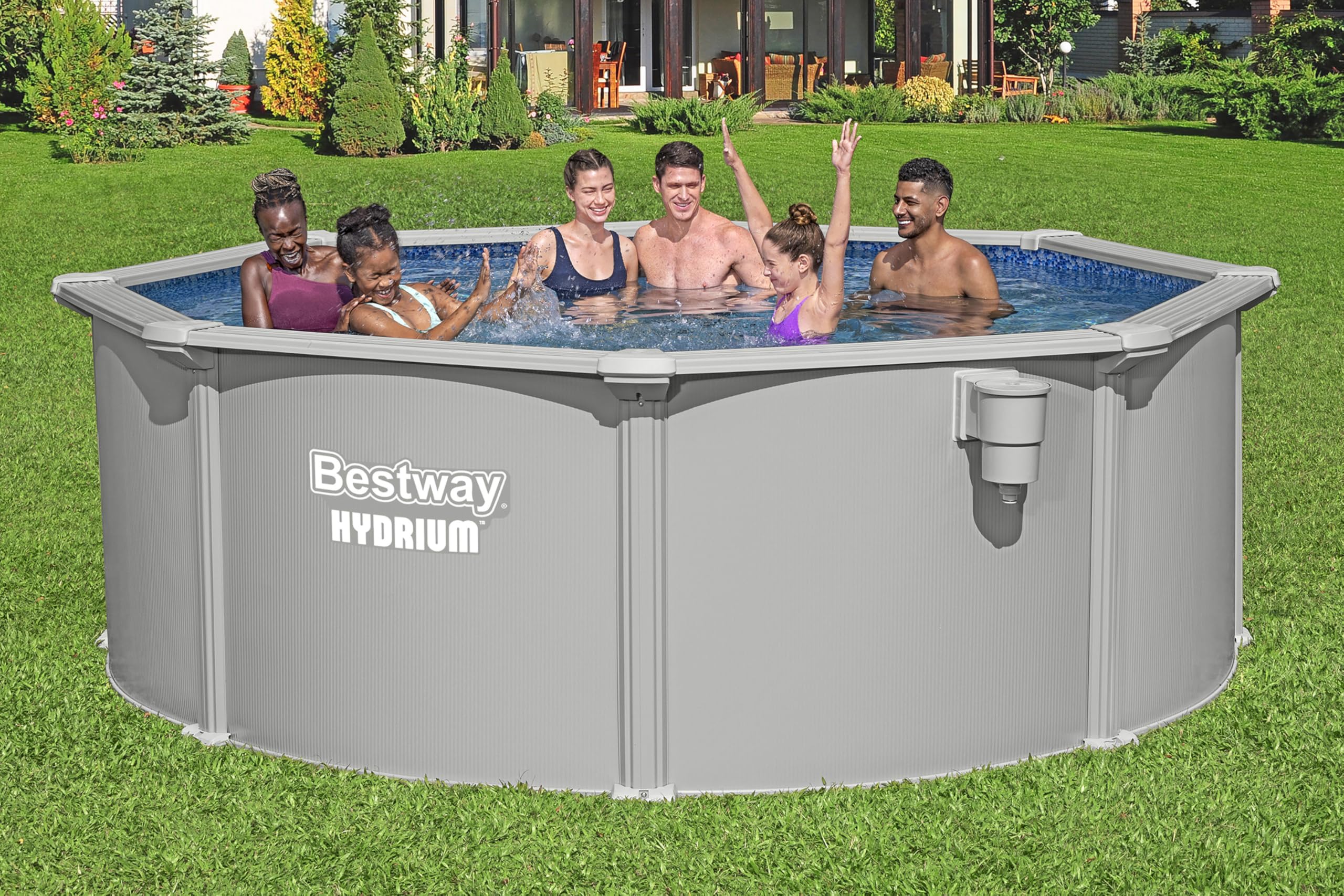 Bestway Hydrium Stahlwandpool Komplett-Set rund 305 x 122 cm Granitgrau Gartenpool Aufstellpool mit Sandfilteranlage