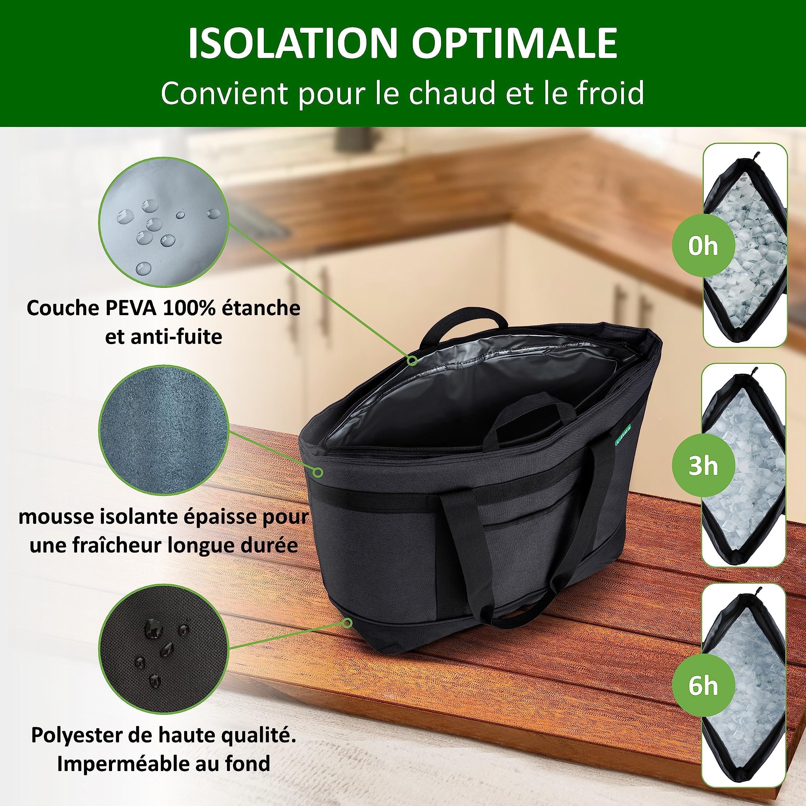 COTTARA® Grand sac isotherme pliable - Sac de courses stable avec une forte isolation pour chaud et froid - Idéal comme sac de courses, sac isotherme, sac de pique-nique, gris, XL - 30 Liter