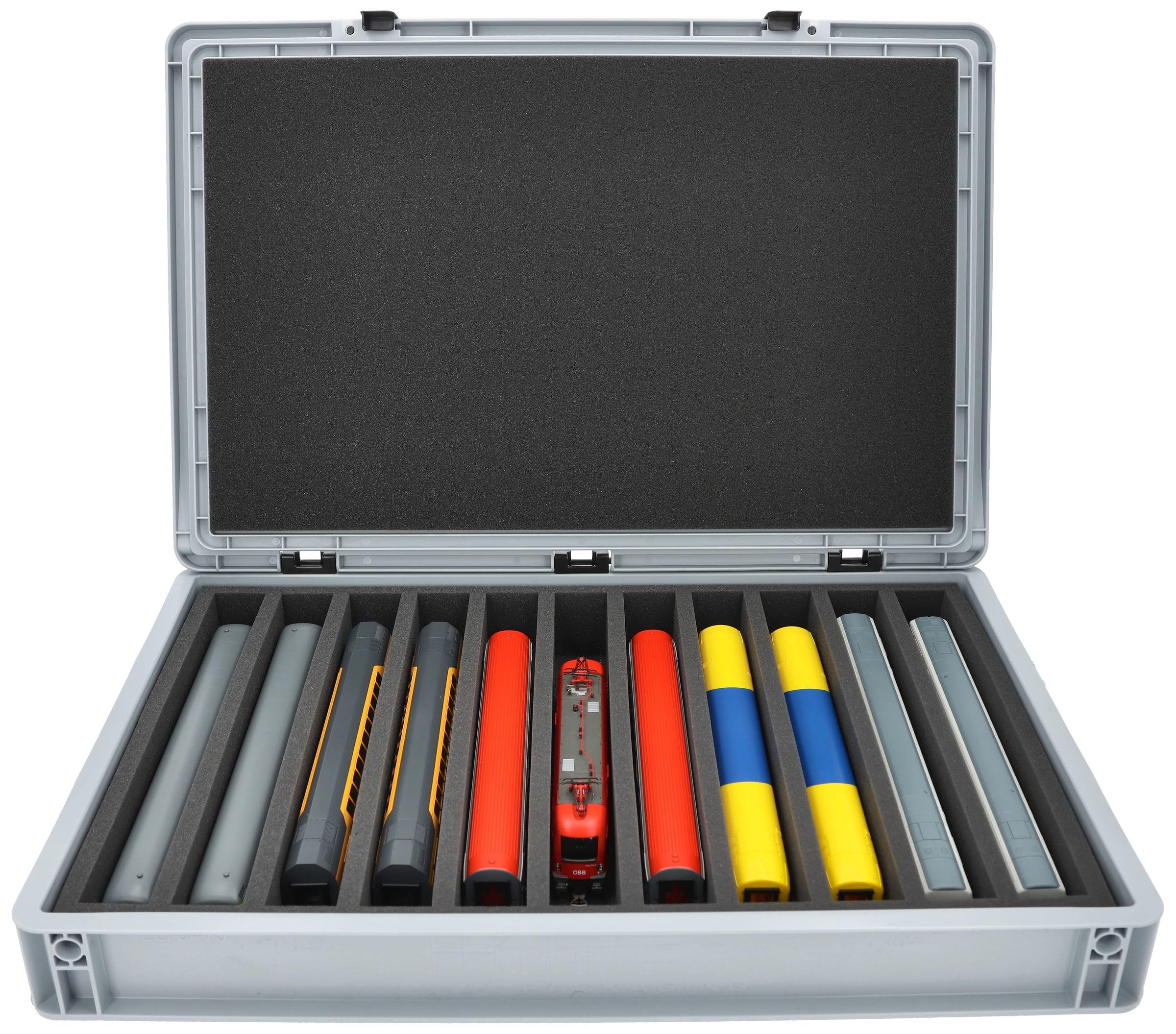 Feldherr Eurobox 60 x 40 cm Set für Modelleisenbahnen - Spur H0-11 Fächer - Schaumstoffeinlage für stehende Aufbewahrung - kompakte Transportlösung für Loks und Waggons