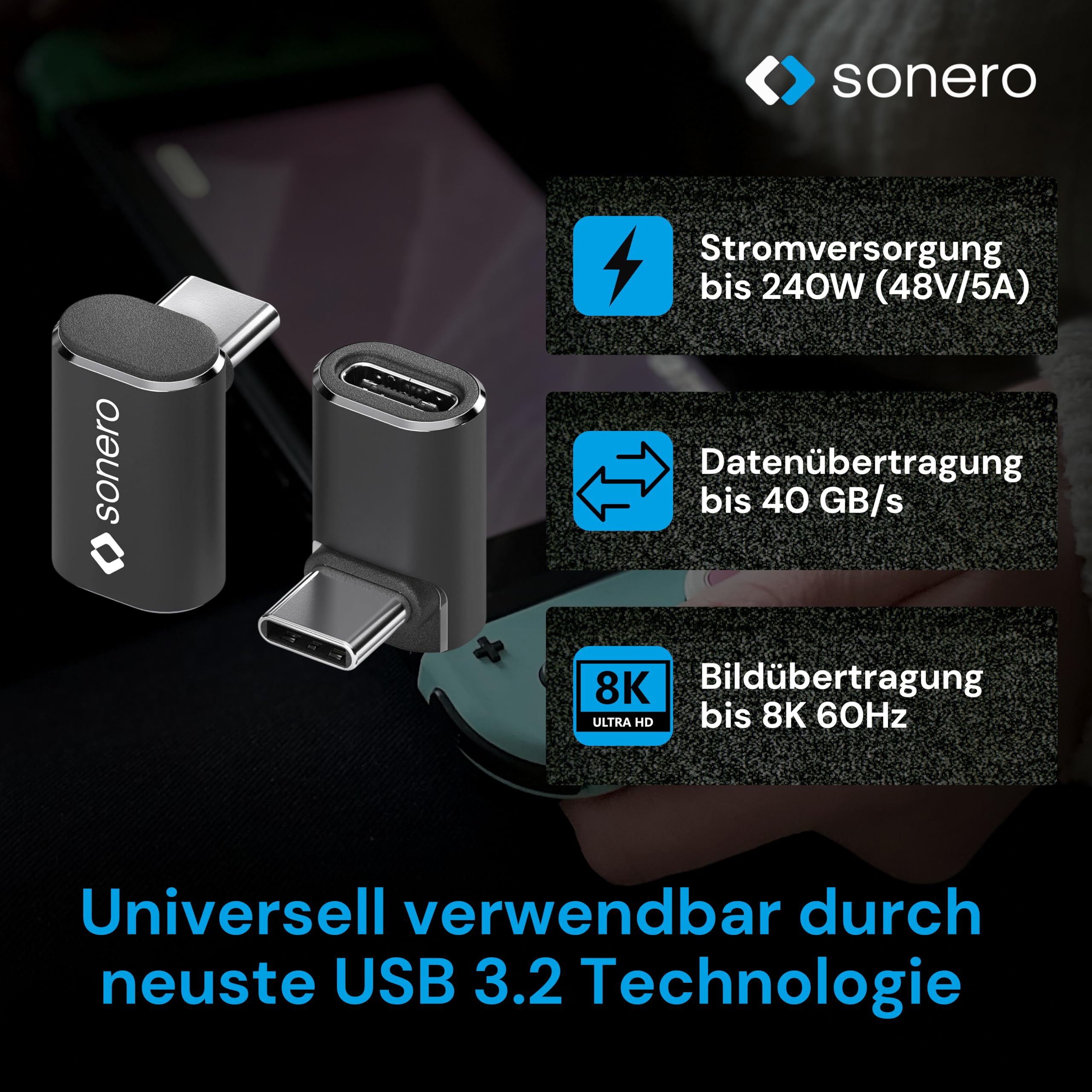 Sonero USB-C maschio a presa USB-C inclinata a 90°, adattatore, 40 Gbps, 240 W, 8K60 Hz, alloggiamento in alluminio, nero