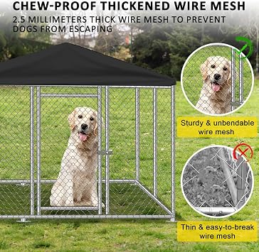 10'x10' Outdoor Dog Kennel with Roof, Heavy Duty Dog Enclosure Waterproof Rustproof Wire Mesh Fence, Large Dog Run Cage with Waterproof Cover & Lockable Door for Backyard Patio
