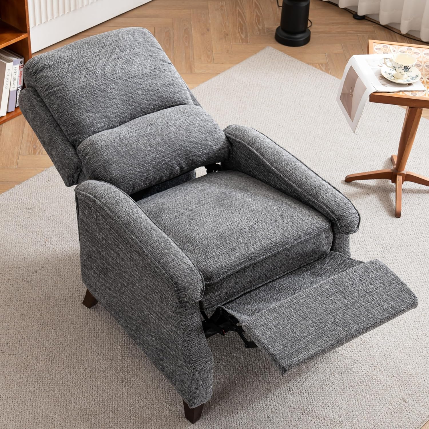 VKNOW Recliner Chair, Fabric Recliner with Soft Armrest, Home Theater Seating with Adjustable Push Back and Lumbar Support, Single Sofa for Adults, Lounge Chair for Living Room, Bedroom（Dark Grey）