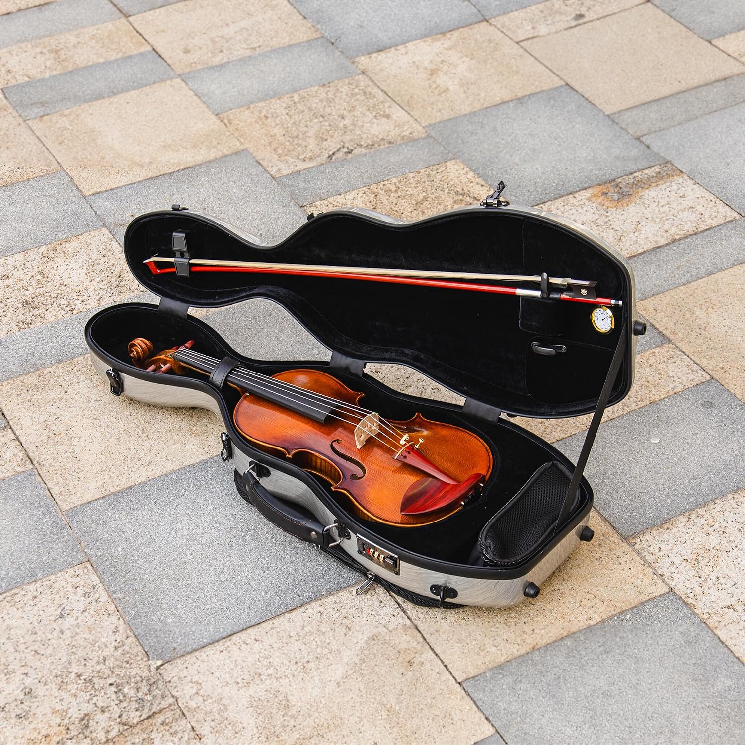 Christina violin case 4/4 Full Size Violin case High-Strength Carbon Fiber Pear-Shaped Violin Music Bag With Combination Lock and Extra Bag Gray Violin Hard Case (VB-Random type-SilveryGray spot)
