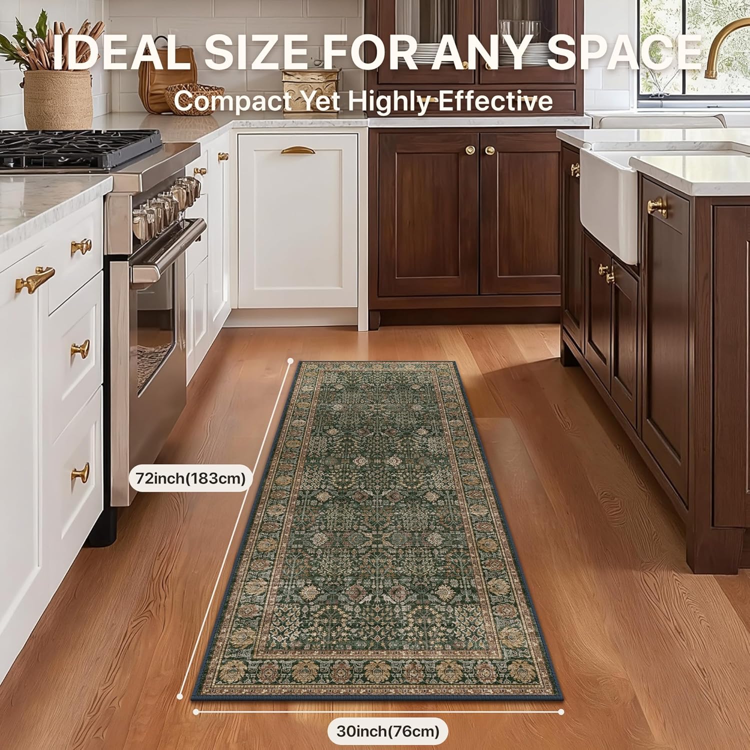 Bavni 2'6''x6 Rug Runners for Hallways, Washable Runner Rug Non Slip, Vintage Floral Print Style Rugs for Bedroom-Lightweight Low Pile Carpet for Hallways Bathroom, Dark Green/Multi - Image 8