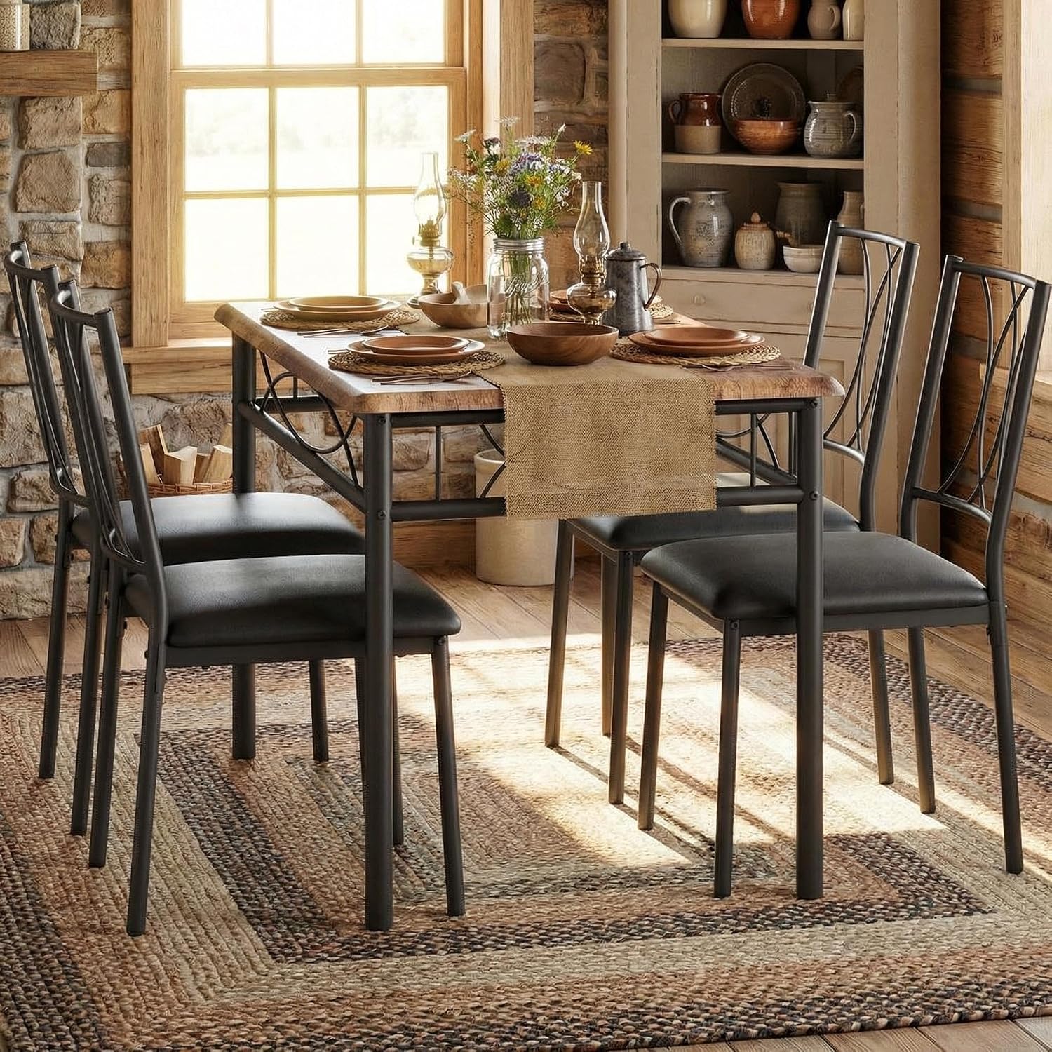 IDEALHOUSE 5-Piece Dining Table Set for 4, Rectangular Kitchen Table with Upholstered Chairs Set for 4, Sturdy Metal Frame, Space-Saving for Apartments, Dinner, Dining, Small Space, Rustic Brown