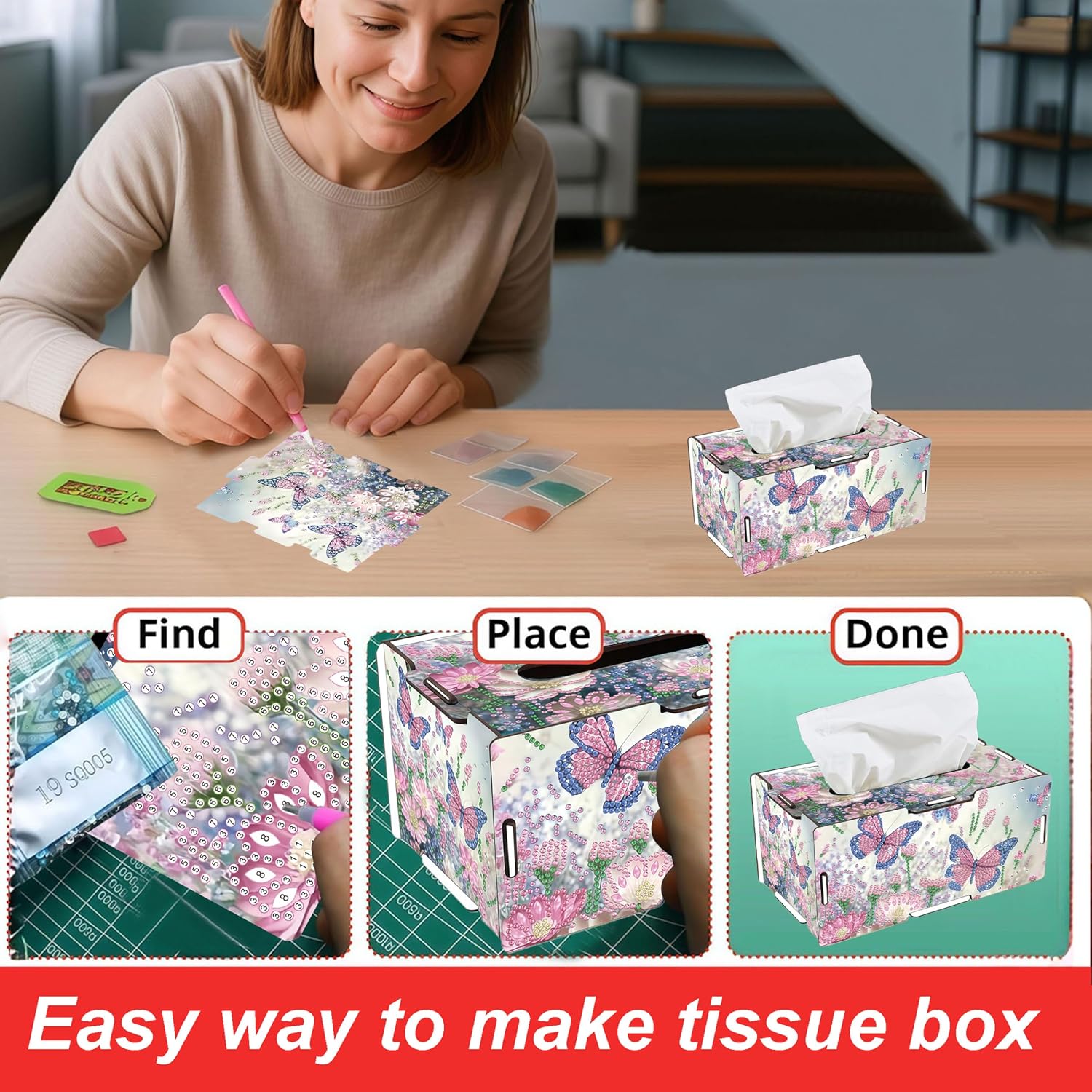 DDGYP Butterfly DIY Diamond Art Tissue Box Kit,5.31 * 9.69 * 4.13 in,1PC image 4