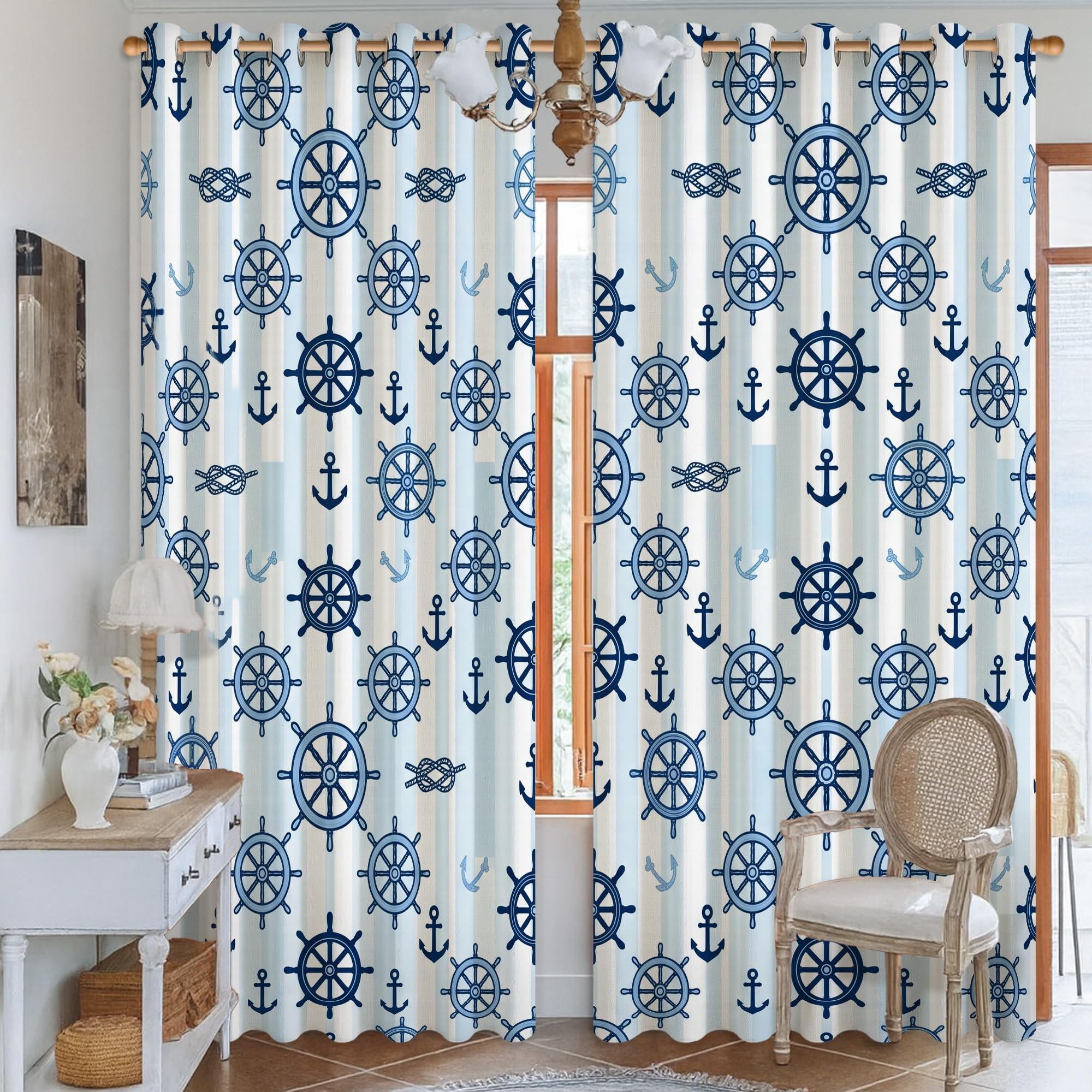 Rideaux occultants de style nautique bleu marine pour décorer le salon et la cuisine
