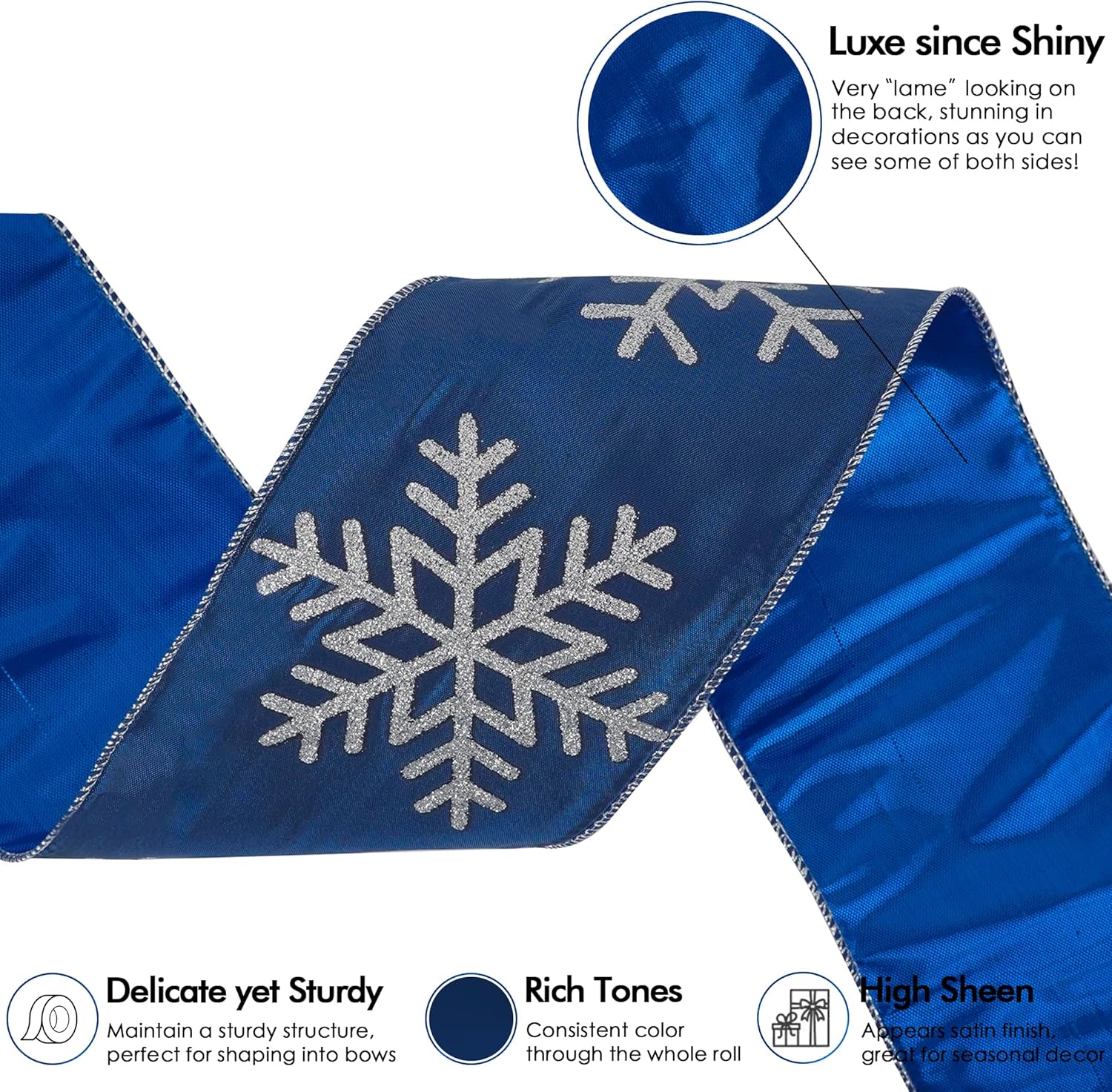 MEEDEE 4 Inch Navy Blue Snowflake Ribbon Navy Satin Wired Christmas Tree Ribbons with Silver Glitter Snowflake 10 Yards Blue and Silver Ribbon for Holiday Crafts, Garlands, Large Tree Topper Bow