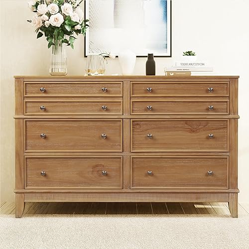 Knocbel Rustic 6-Drawer Dresser with Silver Finish Handles, Solid Wood Double Chest of Drawers, Fully Assembled, 52" W x 17.3" D x 35" H (Hazel)