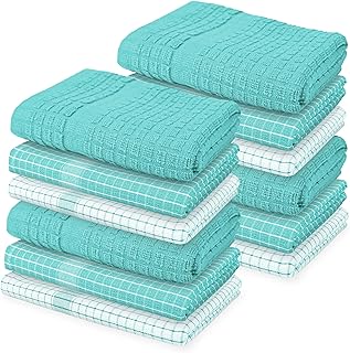 Weave Essentials 12 Pc Tea Towels for Kitchen With Hanging Loop, 4 Hand Towels - 50x50cm, 8 Dish Cloth - 50x70cm, 100% Ring Spun Cotton, High Absorbent Kitchen Towel Set - (Aqua Blue)