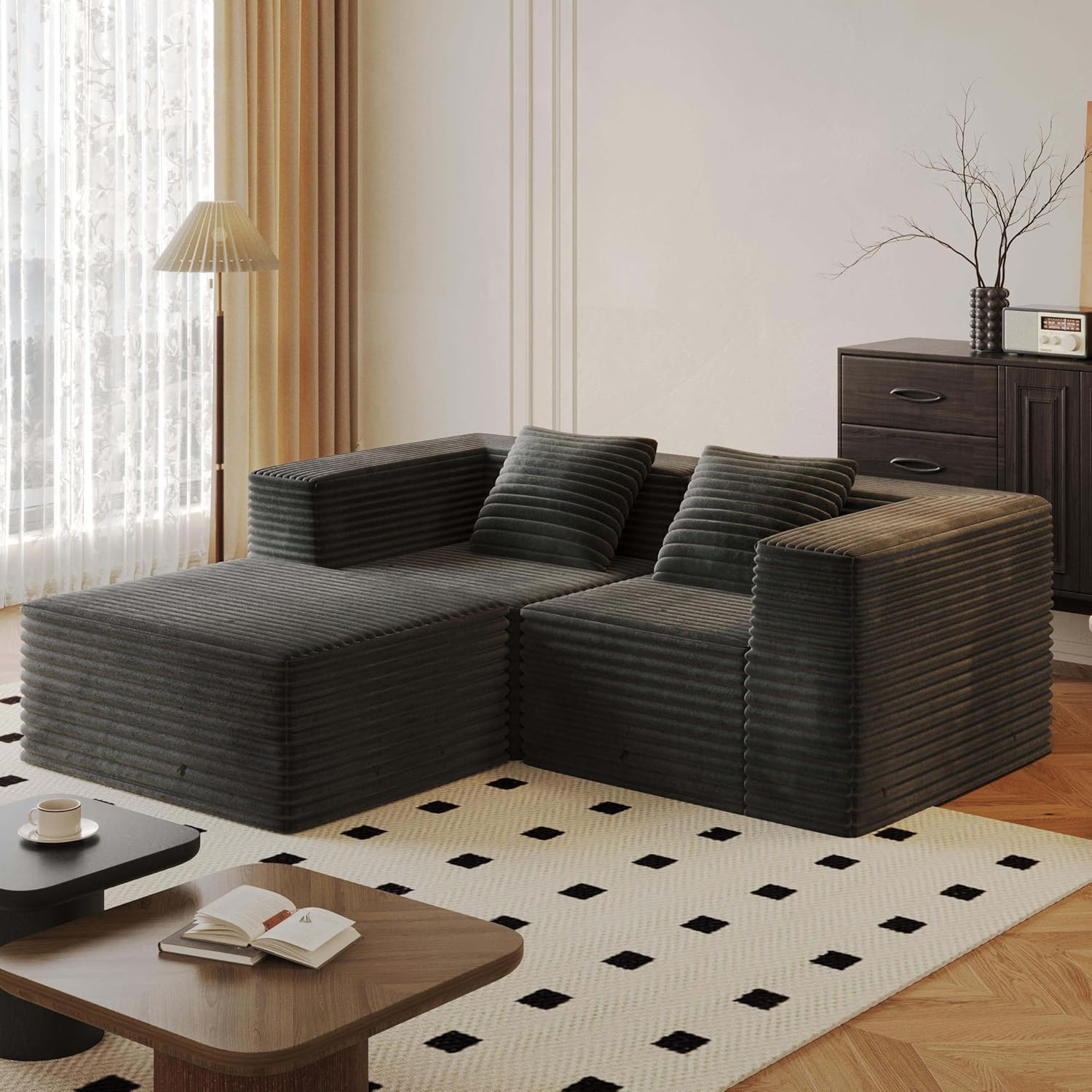 78” Cloud Loveseat Sofa with 2 Cushions, Boneless Couches for Living Room Bedroom Small Space, Corduroy Sofa in a Box, Compressed, Memory Foam, No Assembly (Grey, 78” L-Shaped)