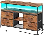 VERMESS TV Stand with Power Outlets and LED Light, 4 Fabric Drawers Entertainment Center for 32/45/55/65 inch TVs, Media Console with Storage for Living Room or Bedroom, Vintage
