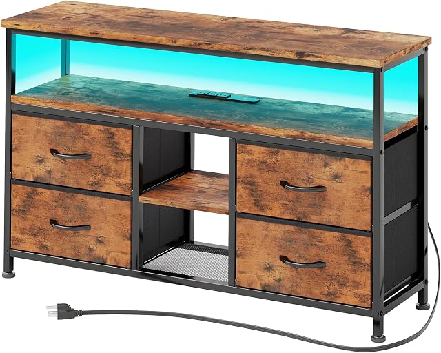 VERMESS TV Stand with Power Outlets and LED Light, 4 Fabric Drawers Entertainment Center for 32/45/55/65 inch TVs, Media Console with Storage for Living Room or Bedroom, Vintage