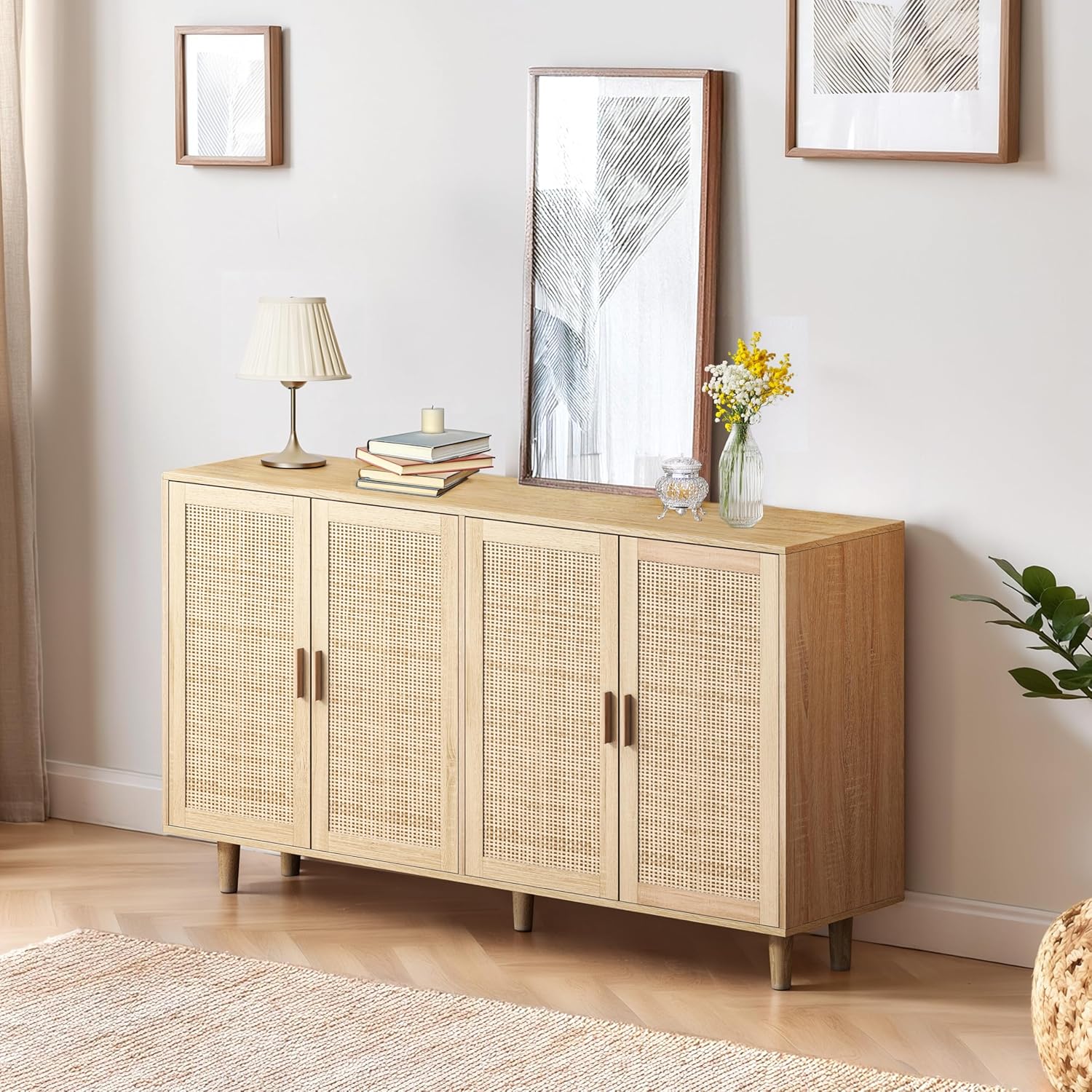Elegant Rattan Sideboard with Adjustable Shelves, Decorative Cabinet, Functional Storage Sideboard, Wood Accent Sideboard Cabinet, Natural