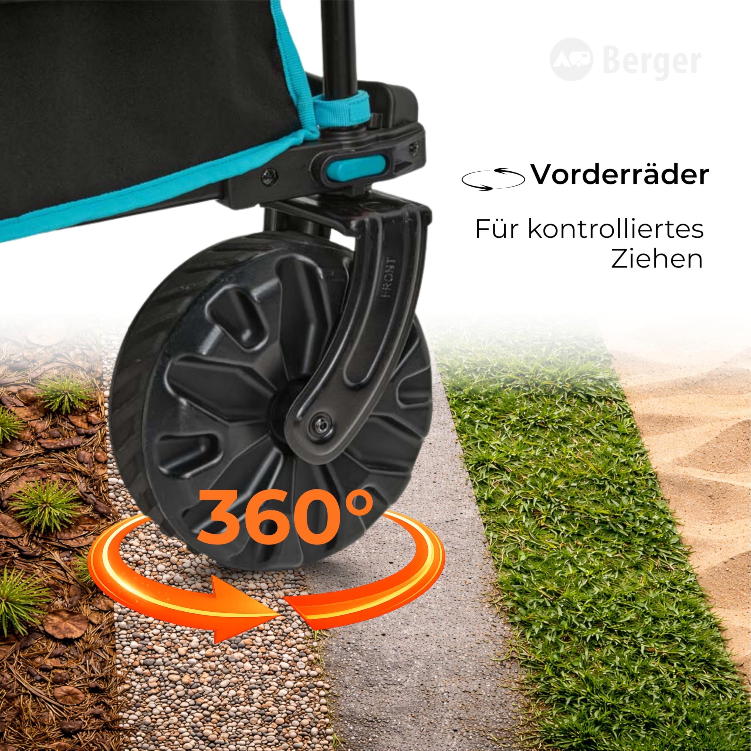 BERGER Waimea Offroad Bollerwagen | Transportwagen klappbar mit verstellbarem Griff & 360° drehbare Vorderräder | Handwagen für Gelände Outdoor Camping Einkaufen