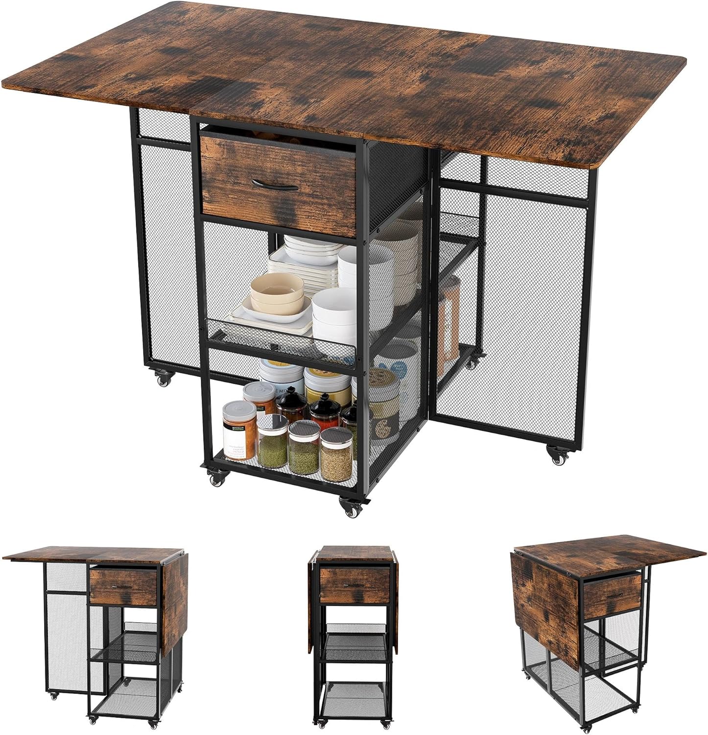 TQVAI Drop Leaf Folding Dining Table 4-6 People Large Heavy Duty Foldable Kitchen Tables with 2 Drawers 6 Wheels 2-Layer Storage Shelf for Small Space Dinging Room Patio Outdoor Camping, Black/Antique