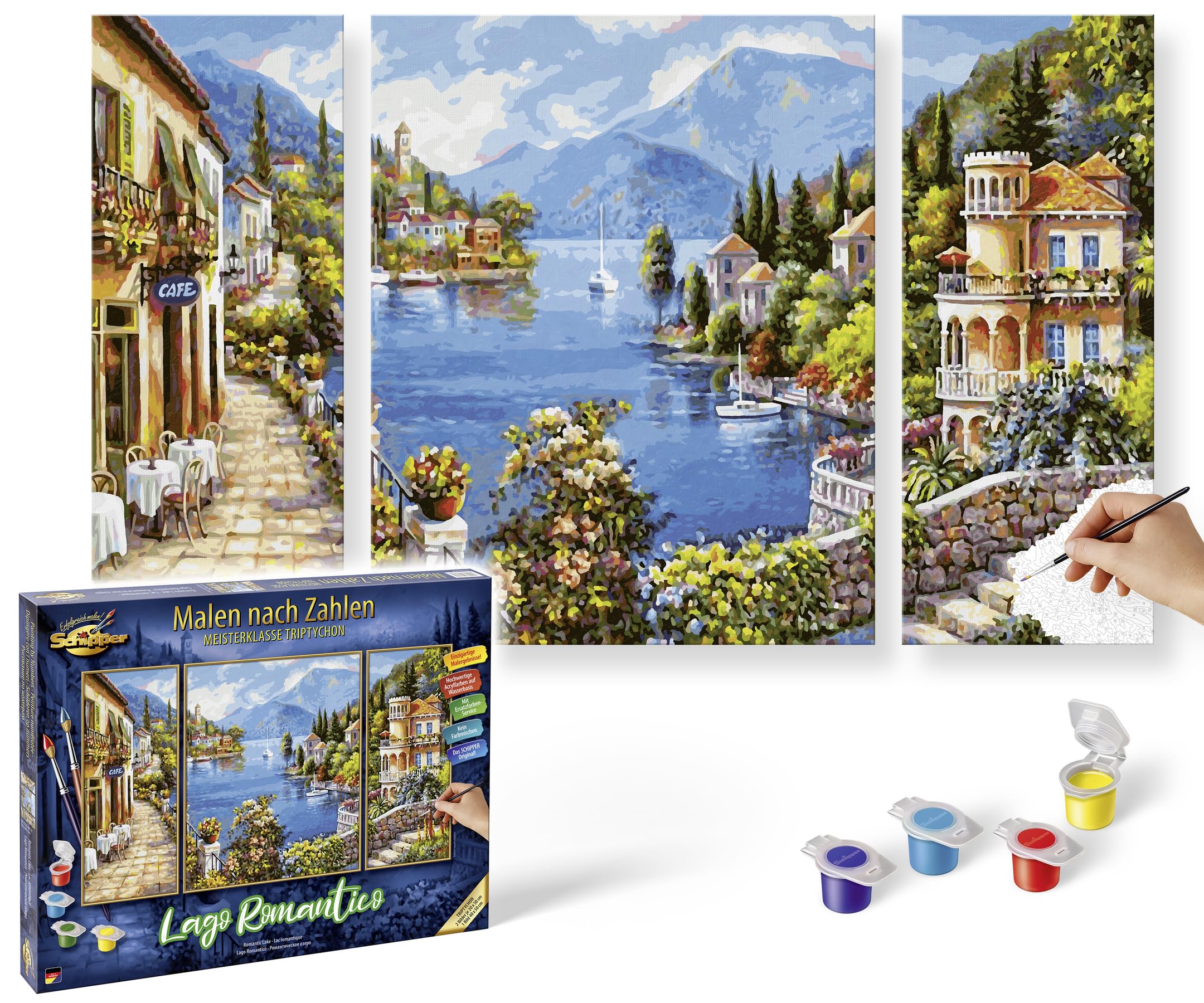 609260818 Painting by Numbers - Lago Romantico - Painting Pictures for Adults Including Brush and Acrylic Paints Triptych 50 x 80 cm