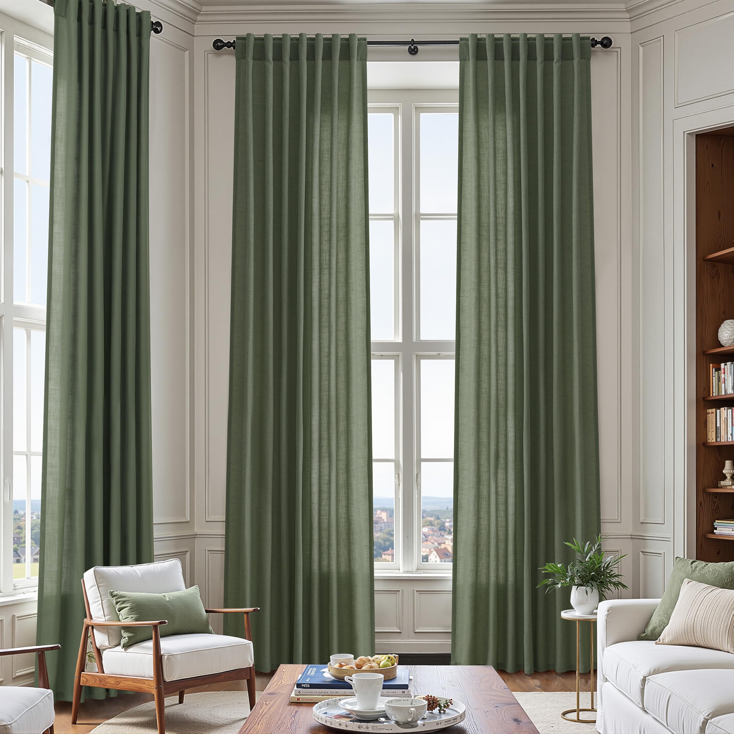 Nanspring Olive Green Linen Curtains for Living Room 2 Panels Set 132 Inch Length Back Tab Light Filtering Semi Sheer Curtain Drapes for Bedroom
