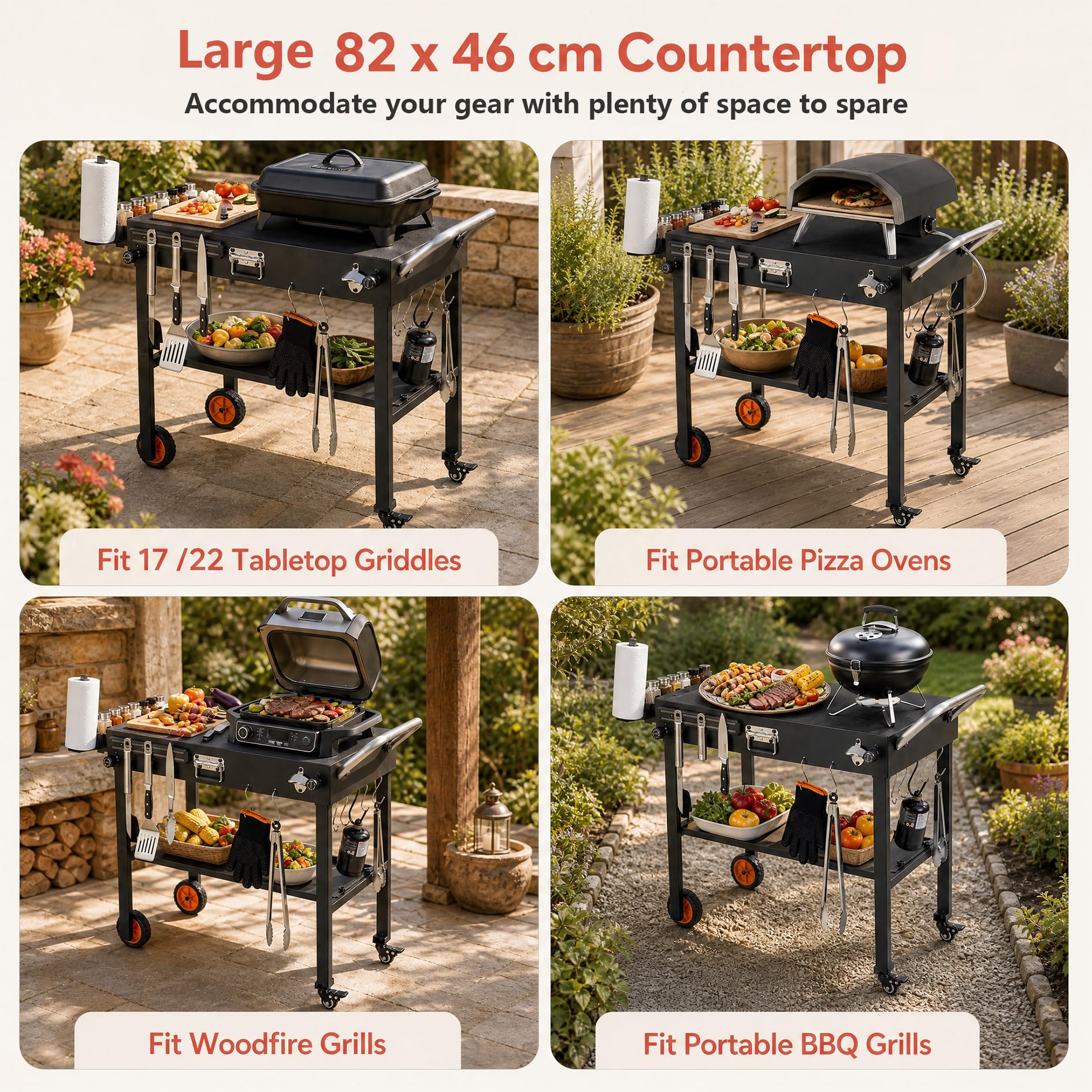 KOMFOTTEU Carrello Barbecue da Esterno Pieghevole con Ruote | Carrello per Grigliate con Ripiano Aperto, 7 Ganci e Tovaglietta Resistente al Calore, per BBQ, Picnic e Feste