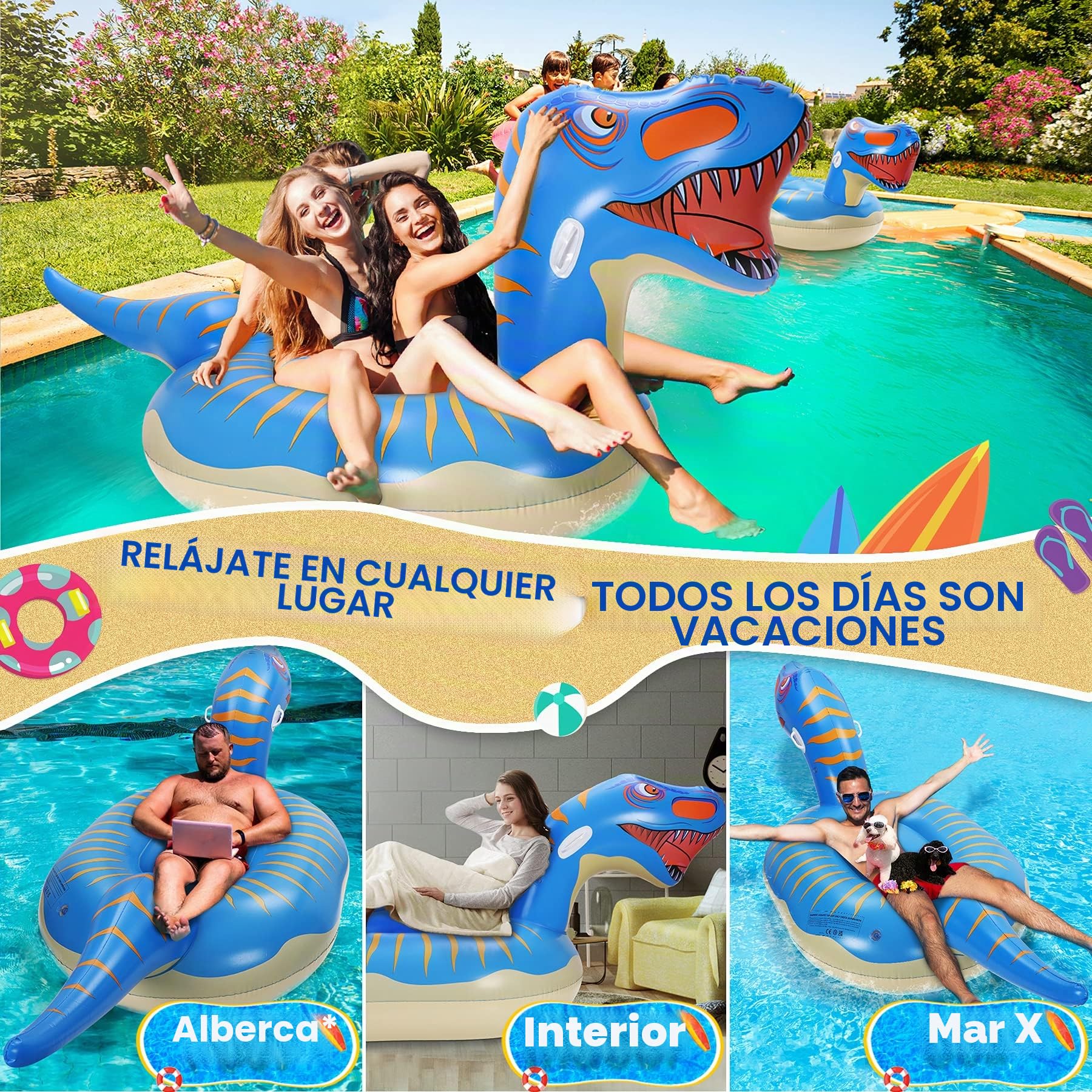 Flotador de Piscina Dinosauria, Colchoneta Hinchable, Flotador Gigante, con 2 Agujeros Inflables y 1 Pegatina de Parche, Piscina Playa, Verano para Adultos & niños (275×115×100cm)