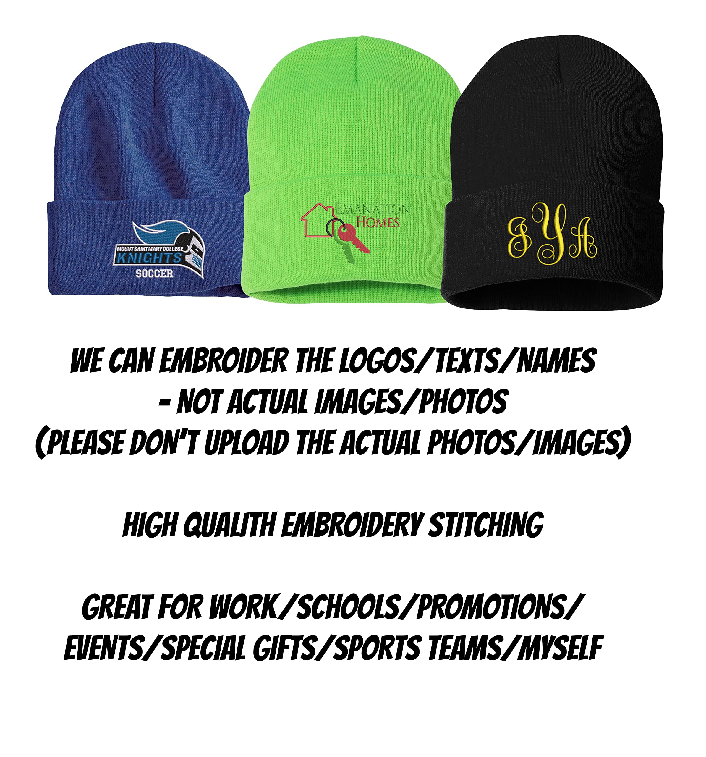 INK STITCH Custom Sp12 Unisex Design Your Own Logo Texts Embroidery Beanie Winter Hats (Navy)