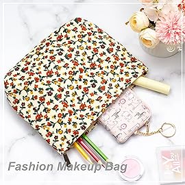 PAZIMIIK Makeup Bag Large Zipper Corduroy Make Up Pouch for Purse Travel Canvas Cosmetic Organizer for Women Brush Storage,Floral White
