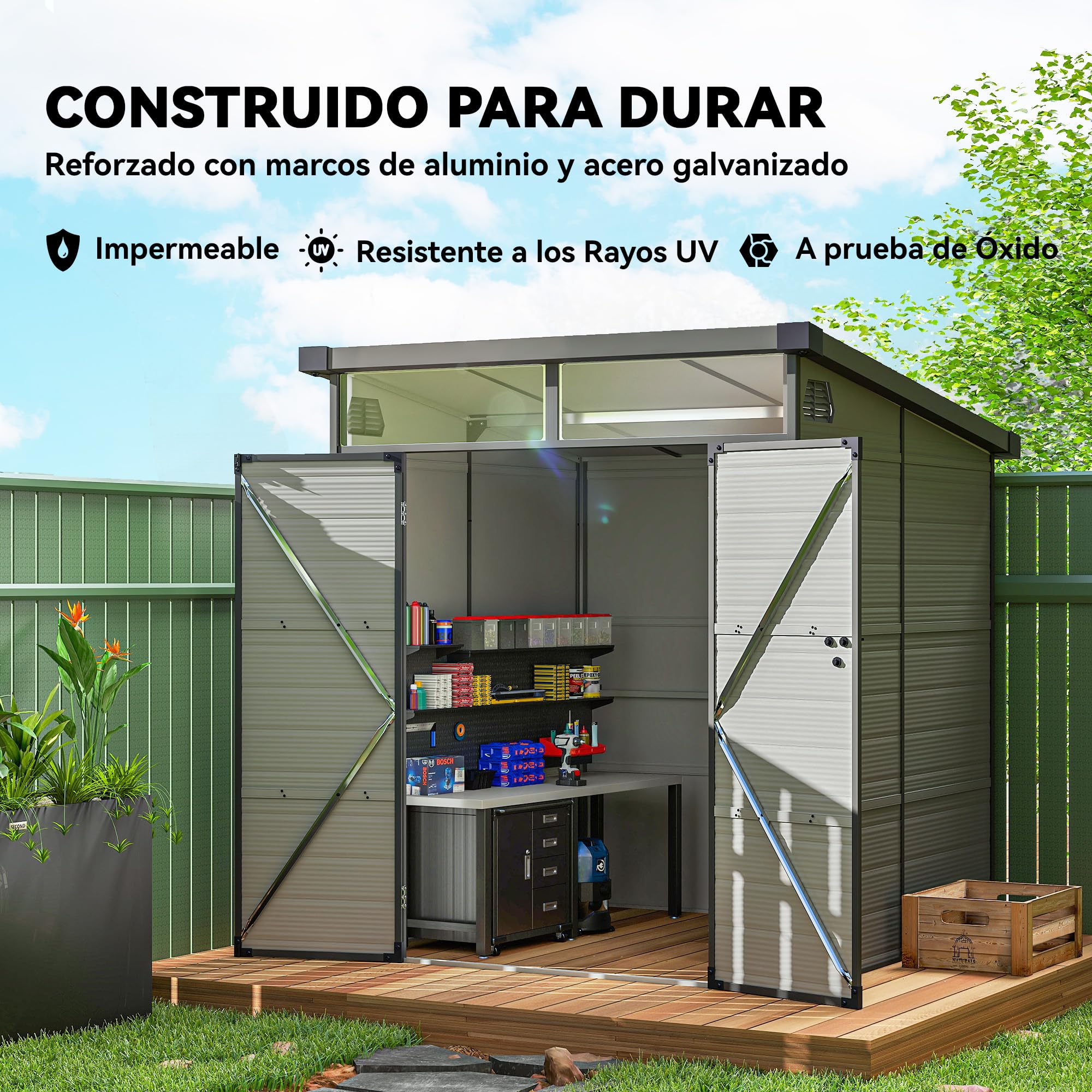 Outsunny Caseta de Jardín Exterior, 3,24 m², 190x191x215 cm, Gris Claro | Cobertizo de Jardín Exterior, Puerta Corredera con Pestillo, Ventana y Ventilación, para Almacenamiento de Herramientas