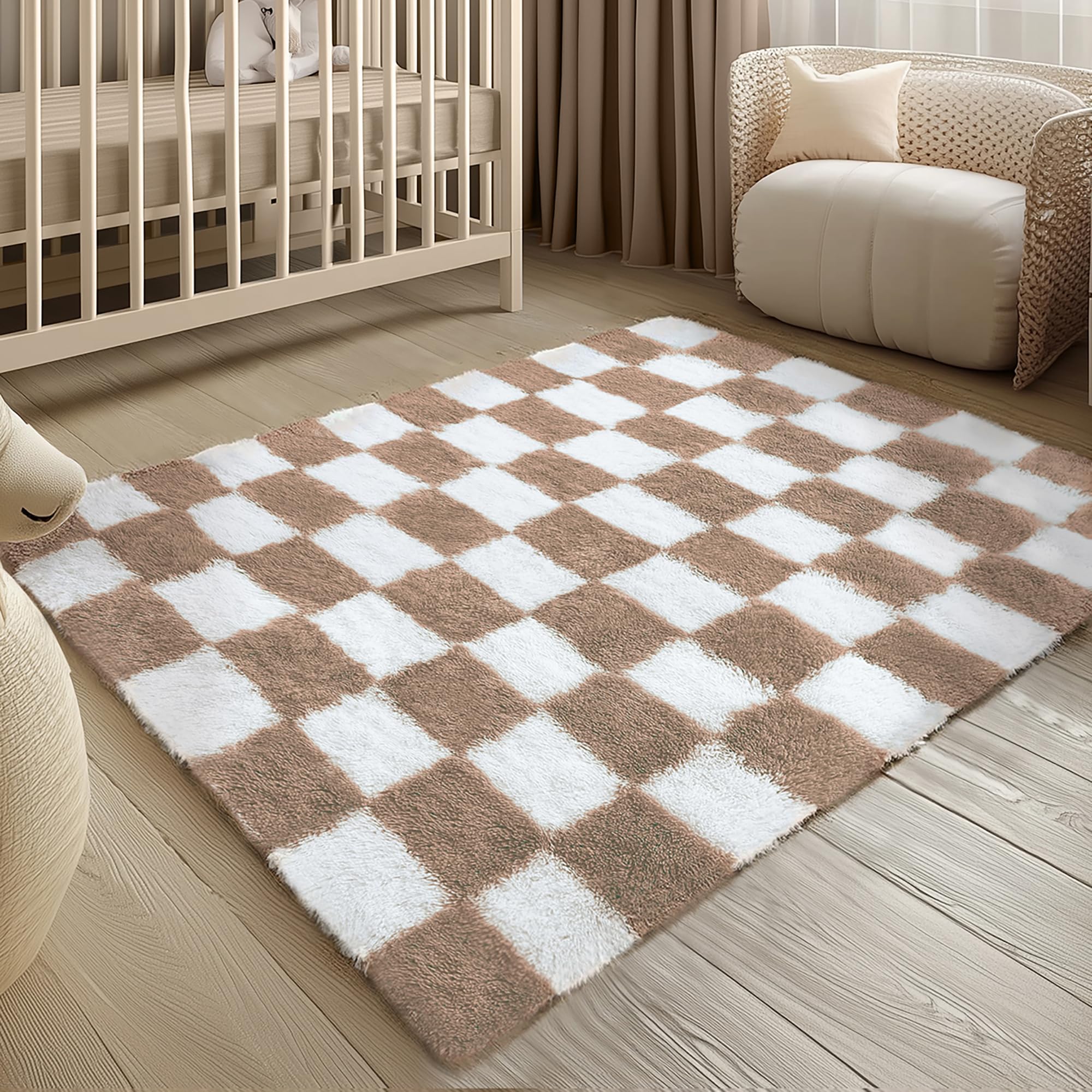 Checkered Rug 4x6 for Living Room, Beige and White Modern Shag Rug Super Soft Washable Fluffy Rugs Indoor Fuzzy Carpet for Bedroom Home Dorm Aesthetic Decor