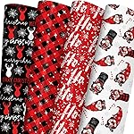 ZINTBIAL Christmas Wrapping Paper for Kids Adults - Xmas Wrapping Paper with Red/Black Plaid, Reindeer, Gnome, Ho Ho Words - 28 x 40 Inches, 6 Jumbo Sheets, Easy to Store