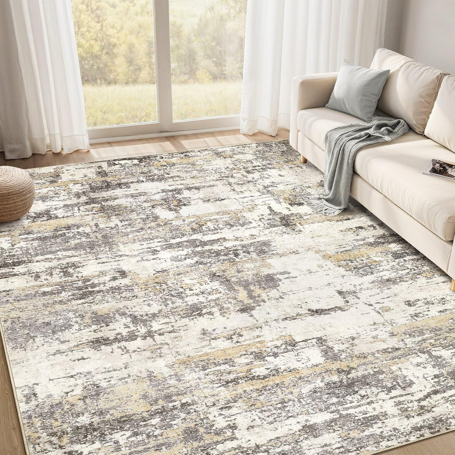 Area Rugs for Living Room: 9x12 Abstract Washable Rug Modern Neutral Large Soft Stain Resistant Non-Slip Backing Machine Table for Bedroom Dining Room Indoor Home Office Carpet - Gold Brown Gold Brown 9' x 12' (Rectangular)
