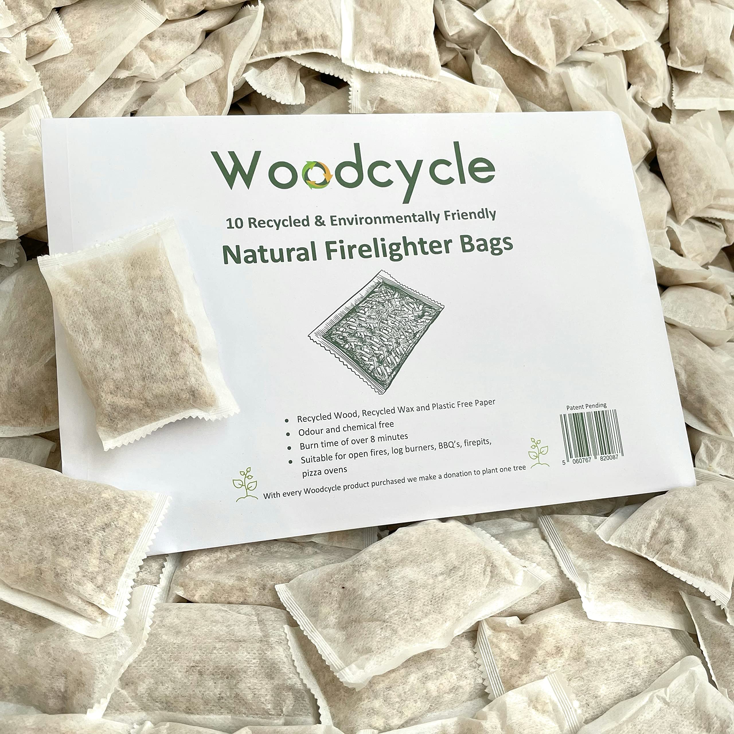Woodcycle Natural Firelighter Bags - Environmentally Friendly Fire Starters for BBQ's, Stoves, Pizza Ovens, Camp Fires, Chimeneas and Safe for Charcoal Cooking (10)