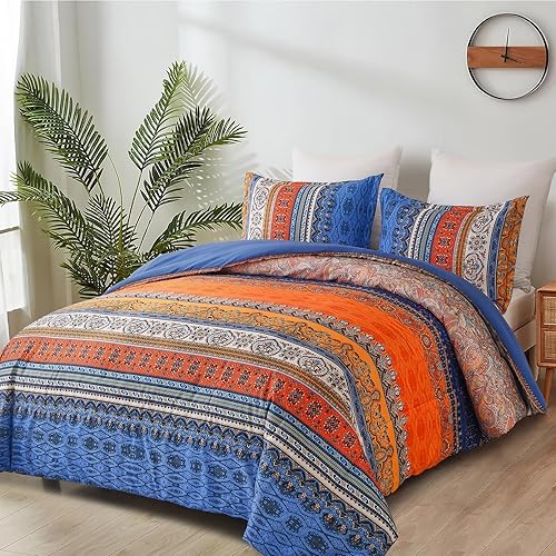 Miniatura 3 de Goodidea Edredón Boho Tamaño Queen, juego de edredón de 3 piezas azul naranja con rayas estilo bohemio occidental, juego de ropa de cama boho hippie