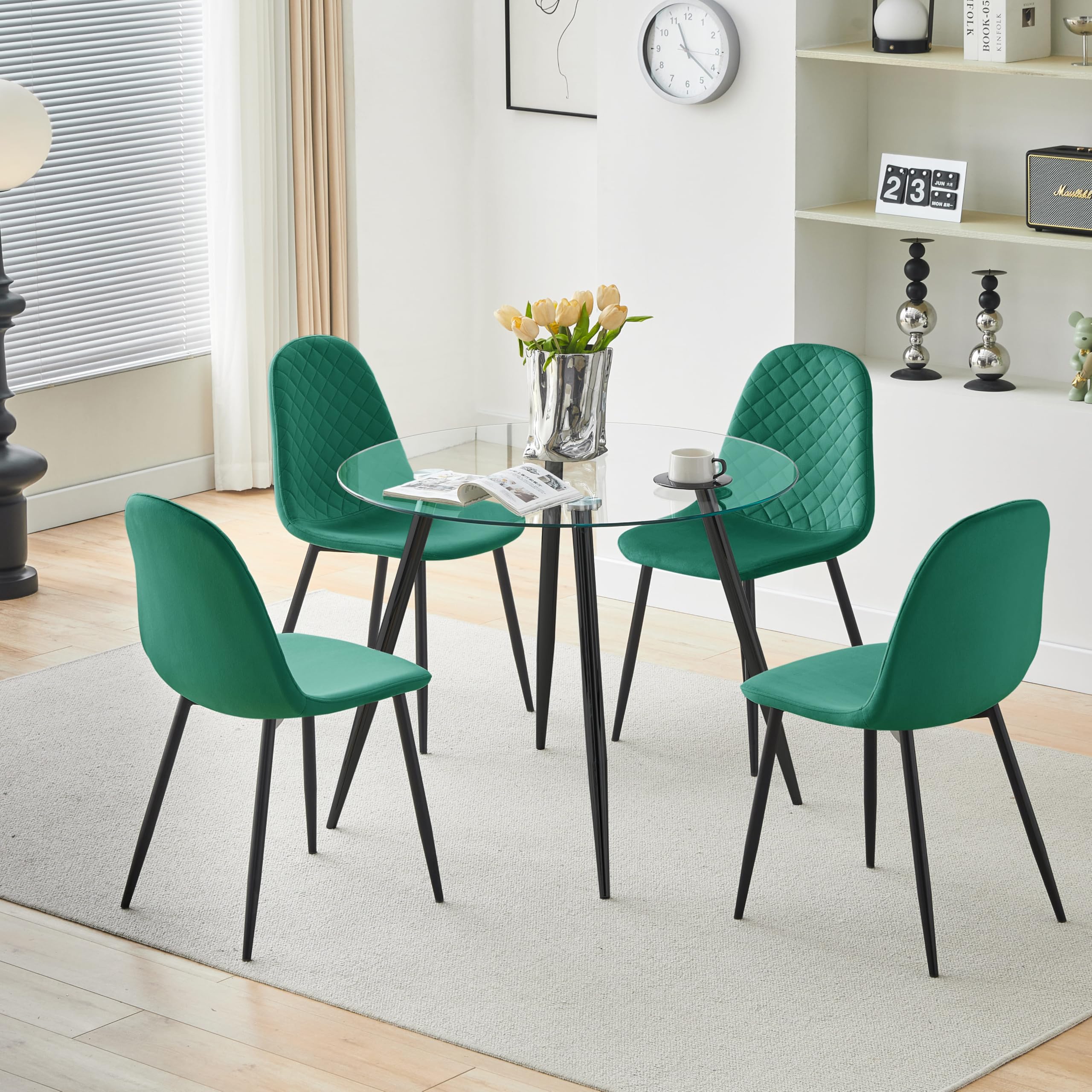 Nera 90cm Round Glass Dining Table and Chairs Set 4 with Velvet Cushioned Seats and Sturdy Metal Legs for Home Office Kitchen (Table with 4 Green Chairs, Glass Straight Black Legs Table)