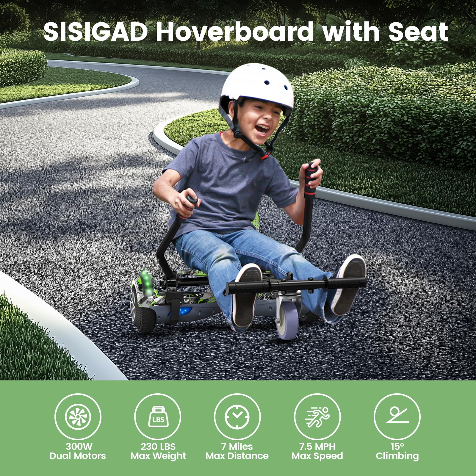 SISIGAD Hoverboard mit Kartsitz, Bluetooth-Lautsprechern und LED-Licht, 6,5-Zoll-Reifen, leistungsstarker Doppelmotor, Offroad-Hoverboard