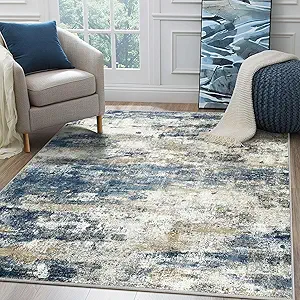 Area Rugs 6x9 for Living Room Bedroom, Modern Abstract Machine Washable Rug, Large Soft Low Pile Floor Carpet with Non Slip Backing for Dining Room, Navy Blue Beige