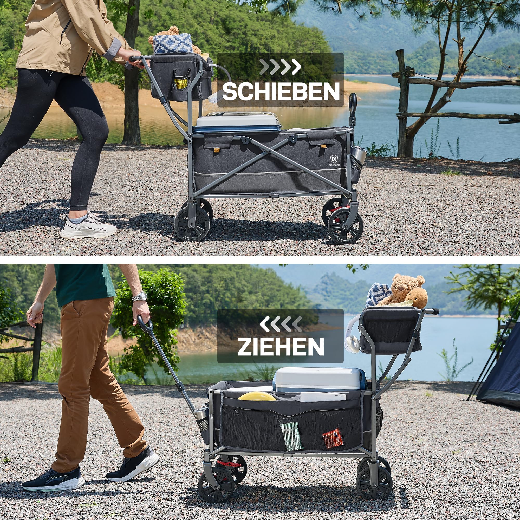 EVER ADVANCED Bollerwagen faltbar schieben&ziehen mit Bremse Einkaufskorb Getränkhalter Seitentasche Handwagen klappbar Strandwagen bis 120kg Faltwagen Transportwagen für Camping