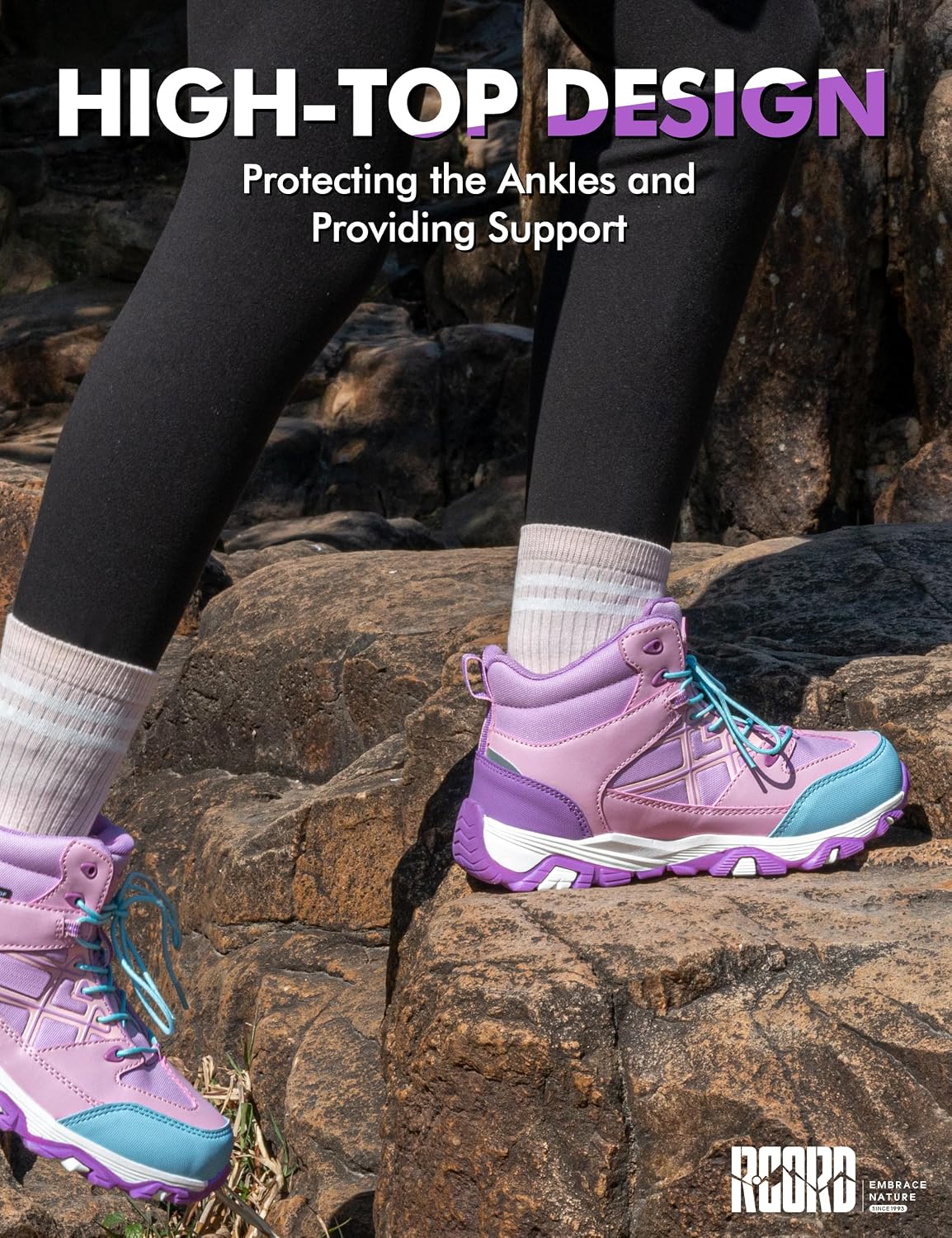 R CORD Kids Hiking Boots Waterproof Non-Slip Ankle Support Girls Hiking Boots Cushioned Flexible Kids Hiking Shoes with Drawstring Boys Hiking Boots Outdoor Trail Walking Camping Adventure Backpacking