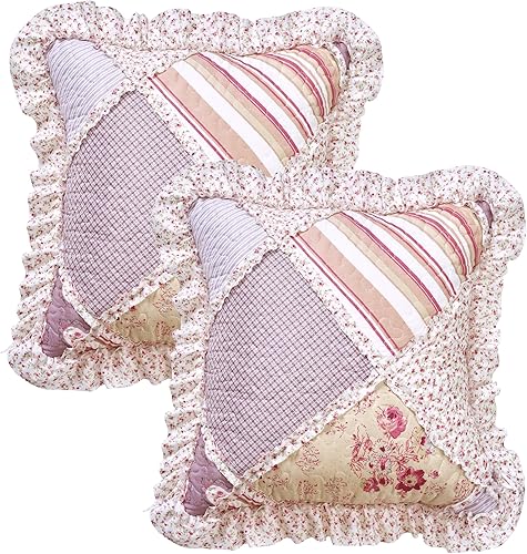 Miniatura 4 de Brilliant Sunshine Juego de 2 fundas de almohada decorativas y acolchadas con volantes y rayas rosetón rosa y rayas, para sofá, sillón, automóvil,