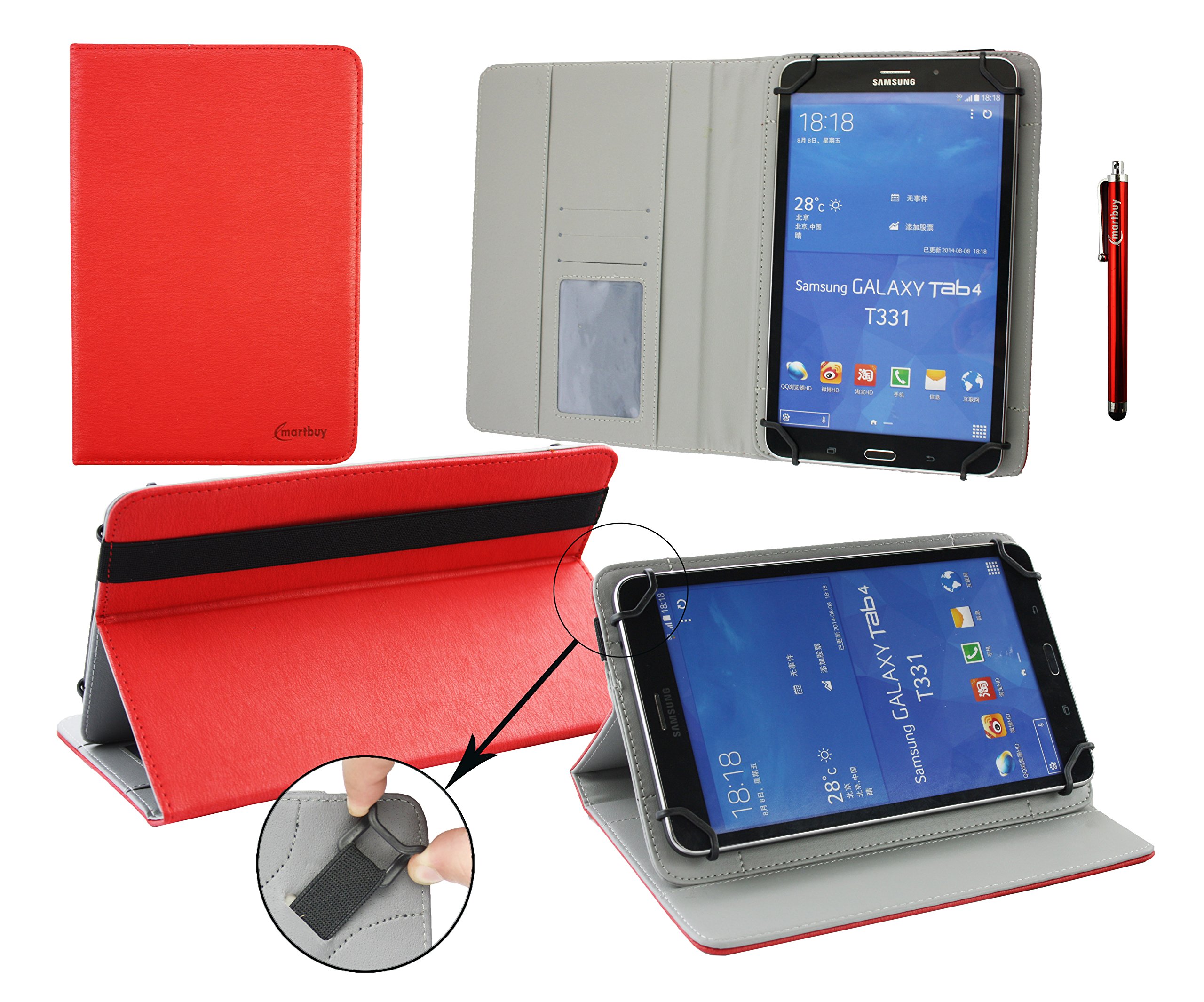 EmartbuyOSTECH 8 Inch Windows Tablet PC Universal (7-8 Inch) Red Premium PU Leather Multi Angle Executive Folio Wallet Case Cover Grey Interior With Card Slots + Red Stylus