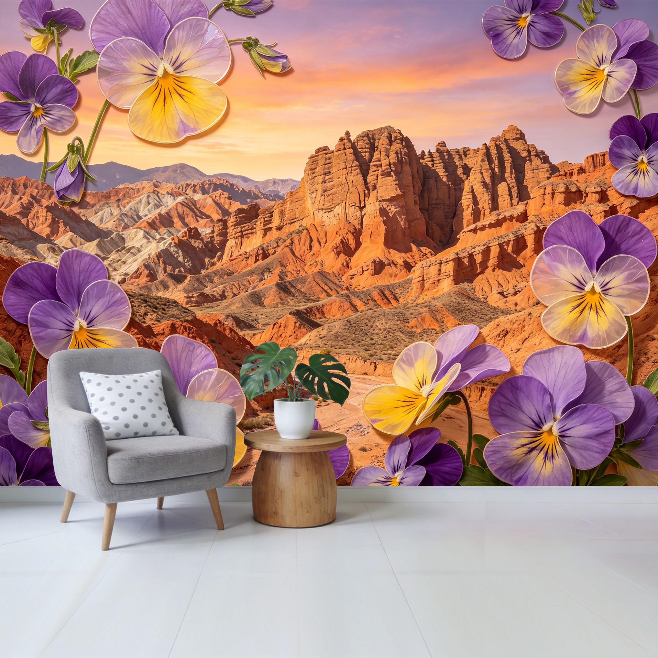 Qzlithotic Yq2605250827 Custom Size Wall Mural Botanical Pansy Flower Canyon Landscape Sunset Scenery Selfadhesive Wall Fabric Removable Wallpaper For Home Office Decor