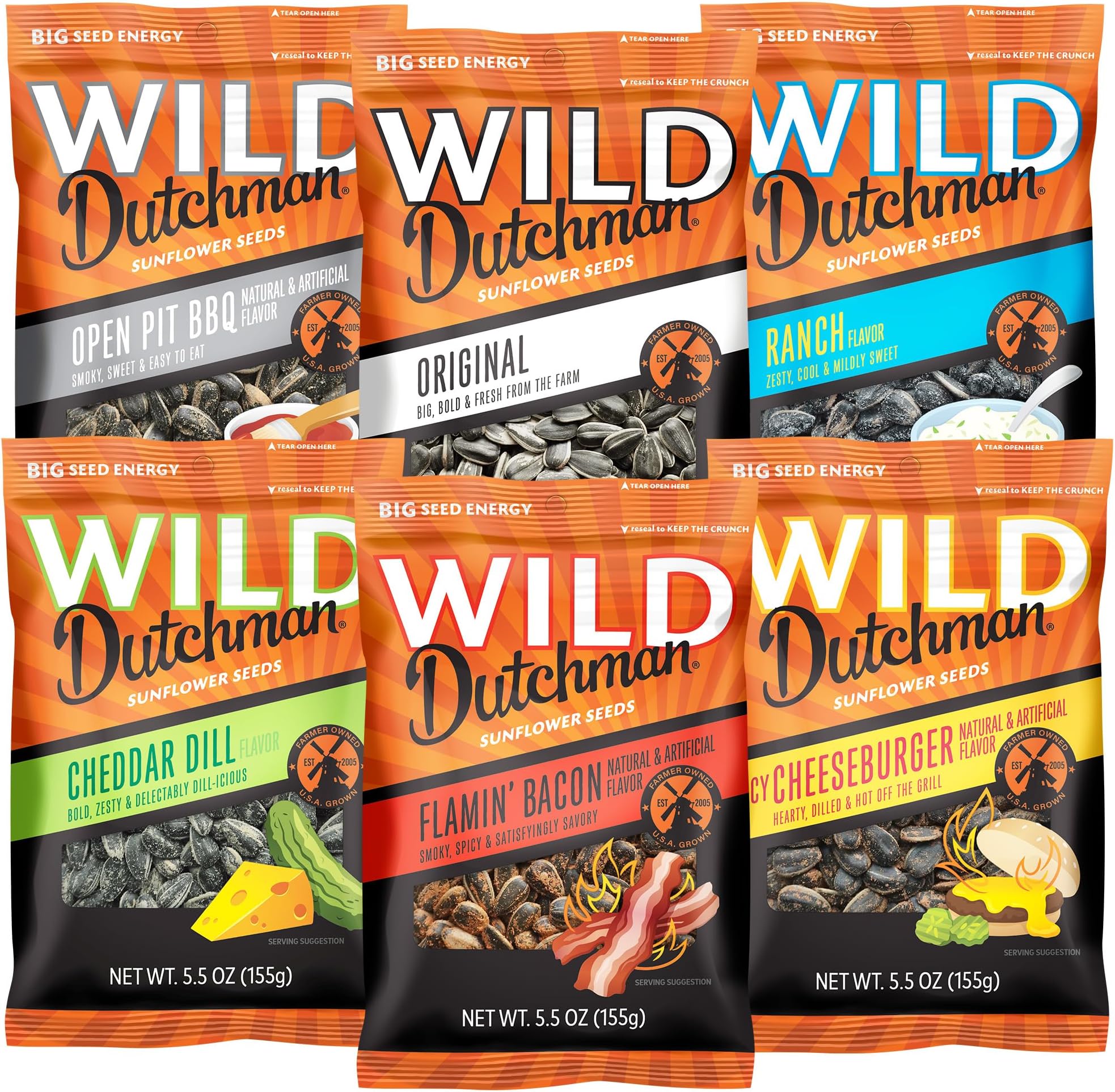 Roasted Sunflower Seeds in a Resealable Bag for Ultimate Freshness and an Easy Pour, 6 Flavor Variety Snack Pack, 5.5 oz (Pack of 6)