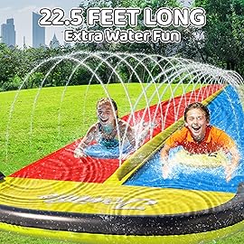 JAMBO 22.5ft Double Lane Slip Splash and Slide with 2 Bodyboards with Built in Sprinkler for Backyard Outdoor Water Fun for Kids