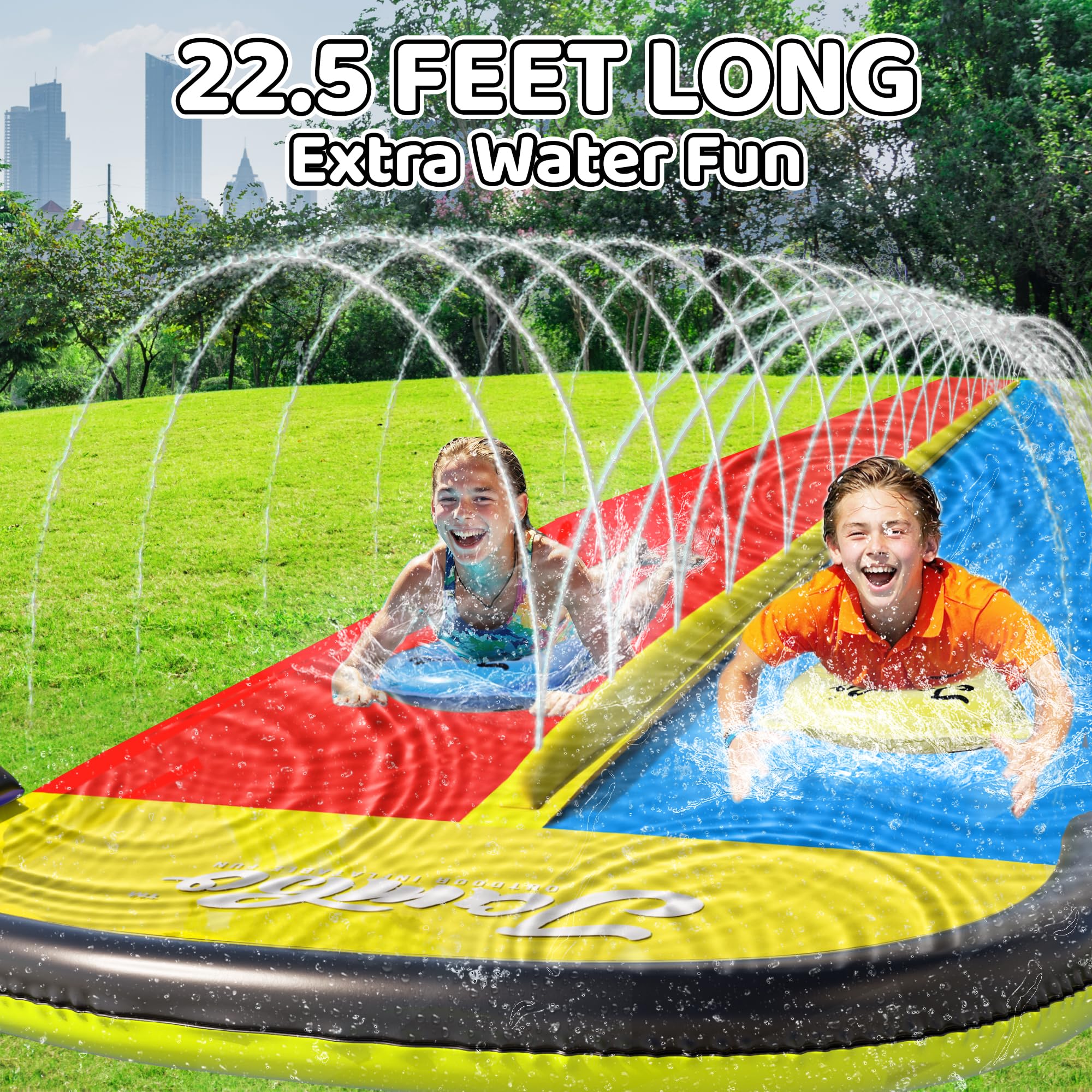 JAMBO 22.5ft Double Lane Slip Splash and Slide with 2 Bodyboards with Built in Sprinkler for Backyard Outdoor Water Fun for Kids