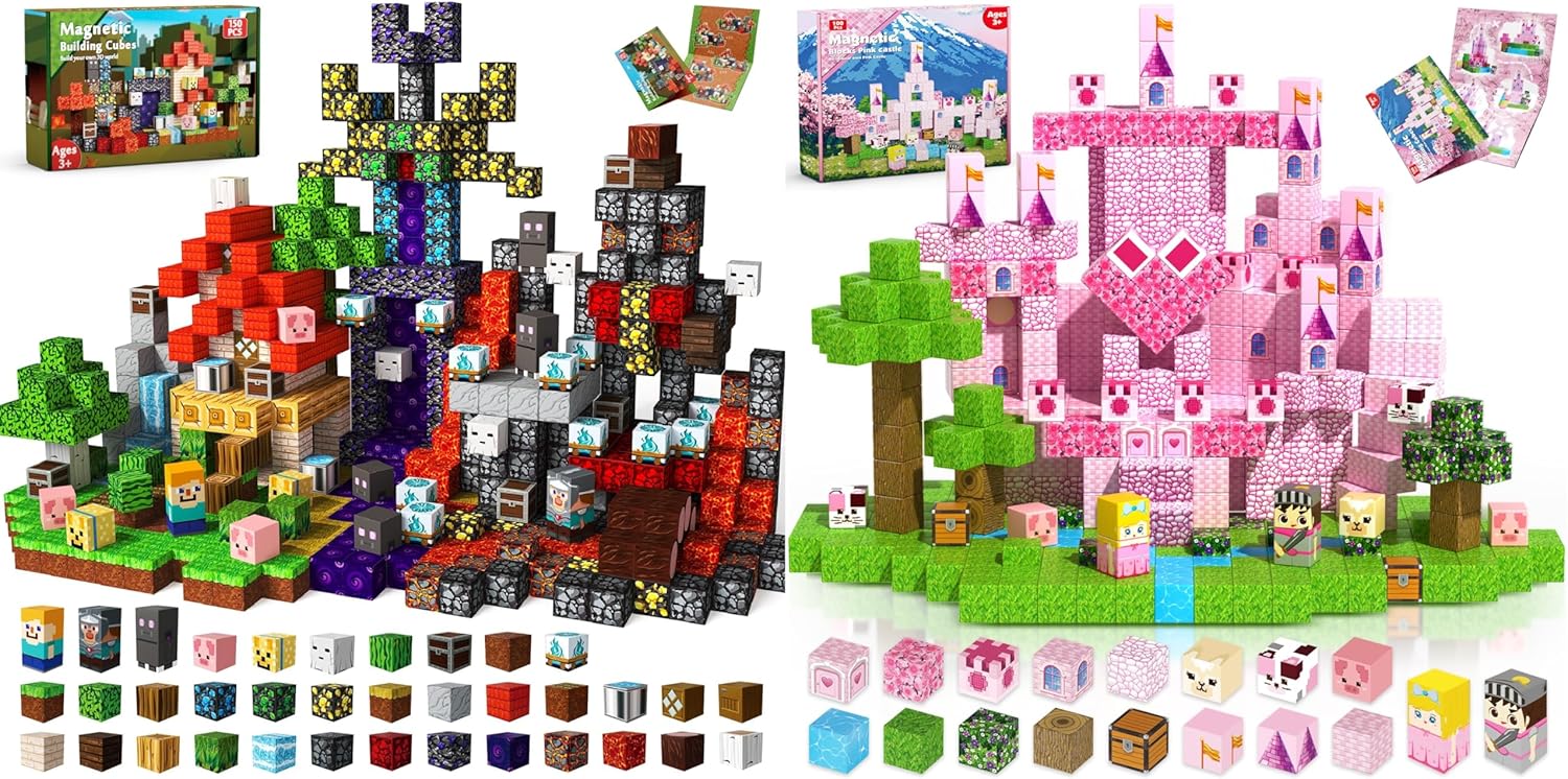 250 PCS Magnetic Blocks - Pink Castle & Portal Magnetic Blocks Bundle Set